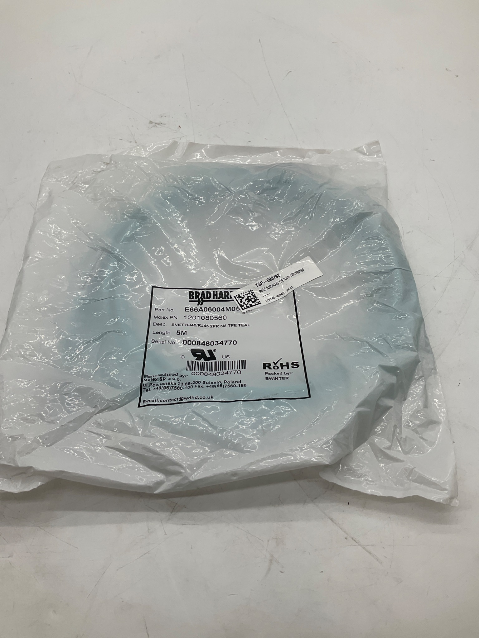BRAD HARRISON E66A06004M050 RJ45 To RJ45 Ethernet Cordset 5M NEW 0