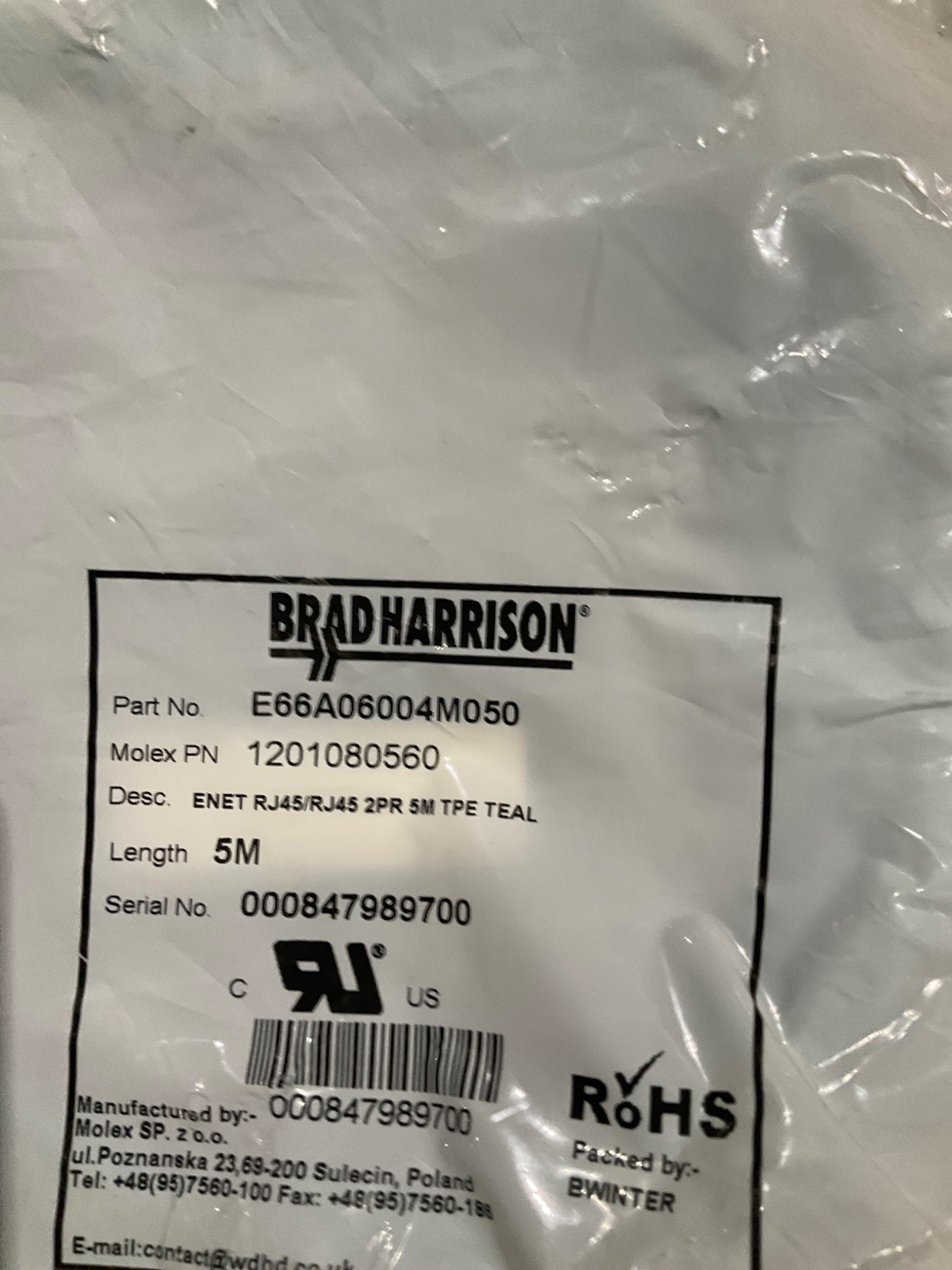 BRAD HARRISON E66A06004M050 RJ45 To RJ45 Ethernet Cordset 5M NEW 3