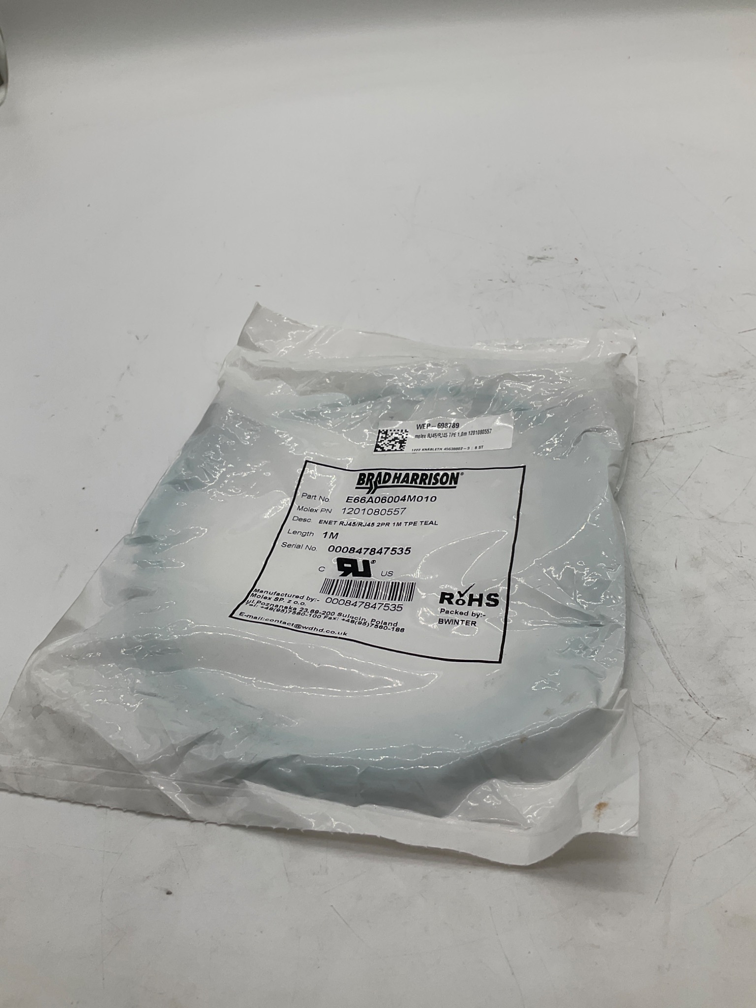 BRAD HARRISON E66A06004M010 RJ45 To RJ45 Ethernet Cordset 1M NEW 0