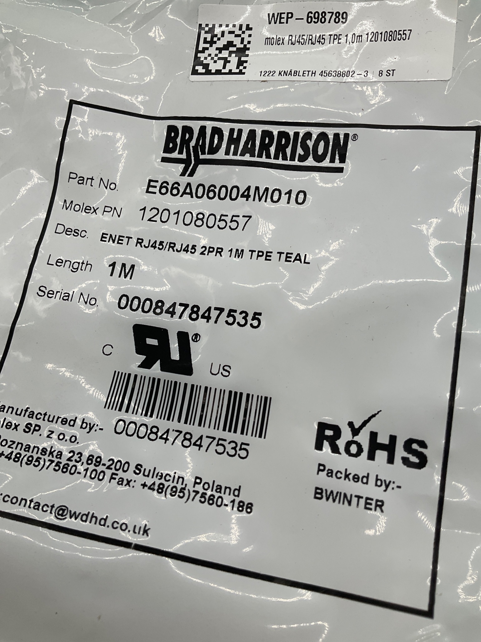 BRAD HARRISON E66A06004M010 RJ45 To RJ45 Ethernet Cordset 1M NEW 1
