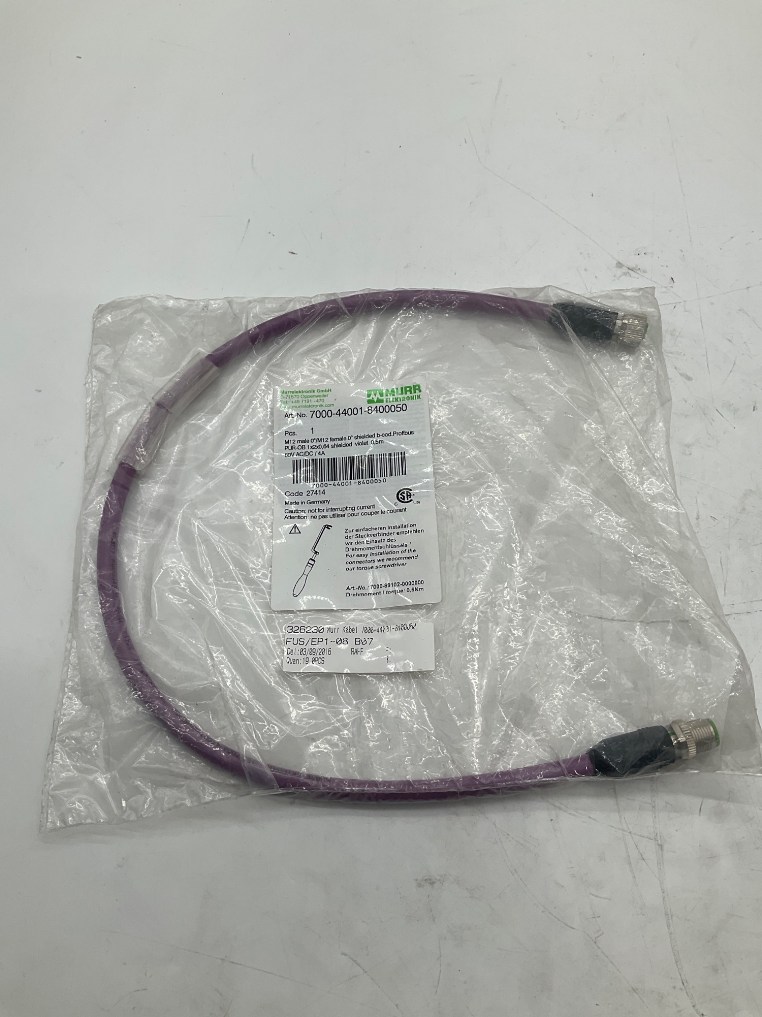 MURR ELEKTRONIK 7000-44001-8400050 M12 B-Coded Profibus Cable 0.5M NEW 0