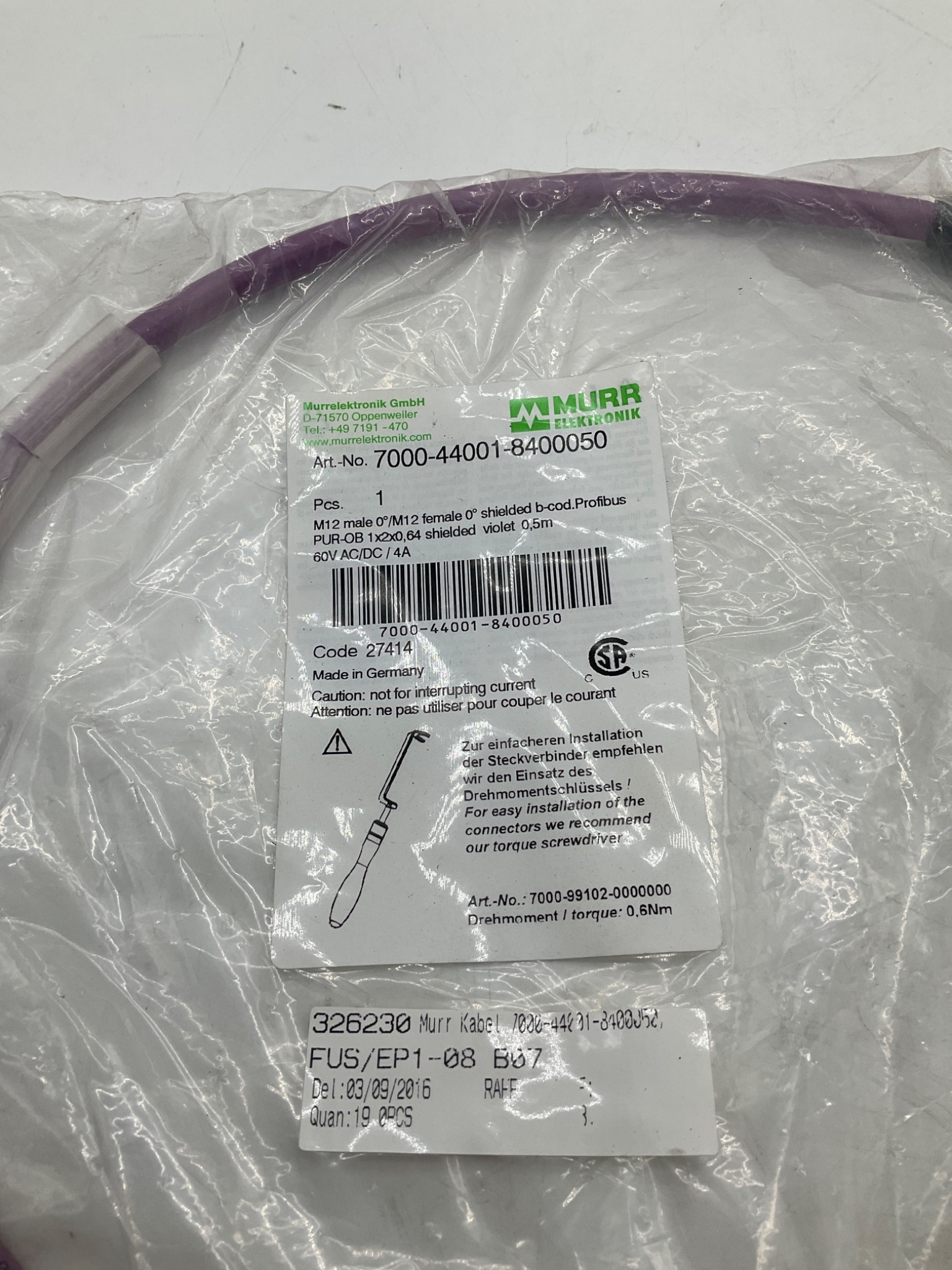 MURR ELEKTRONIK 7000-44001-8400050 M12 B-Coded Profibus Cable 0.5M NEW 1