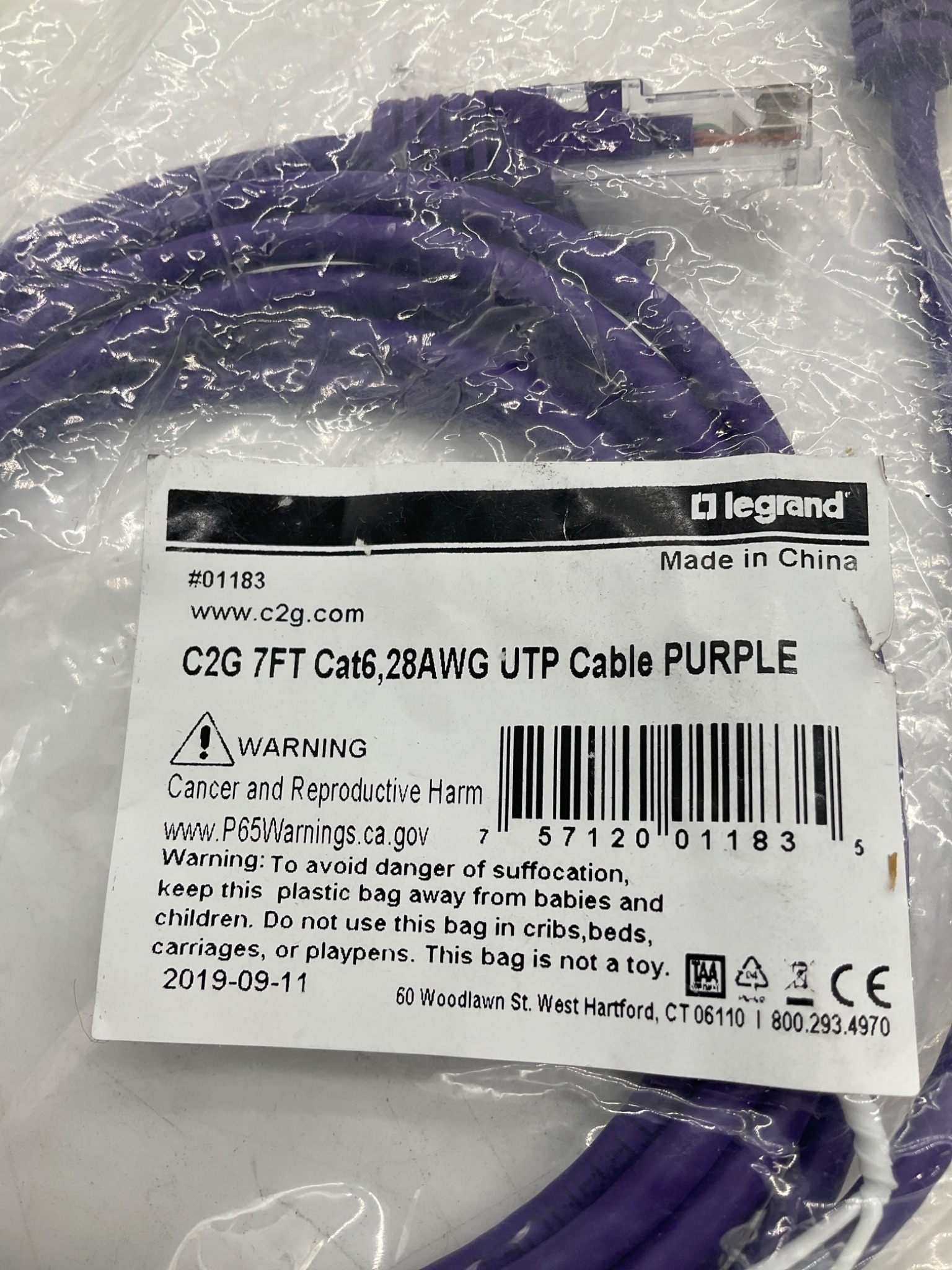 LEGRAND C2G 01183 Cat6 Ethernet Patch Cable 7ft Purple NEW 3