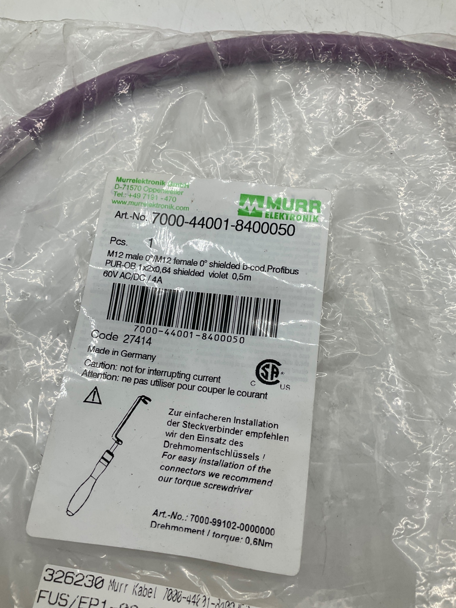 MURR ELEKTRONIK 7000-44001-8400050 M12 B-Coded Profibus Cable 0.5M NEW 3