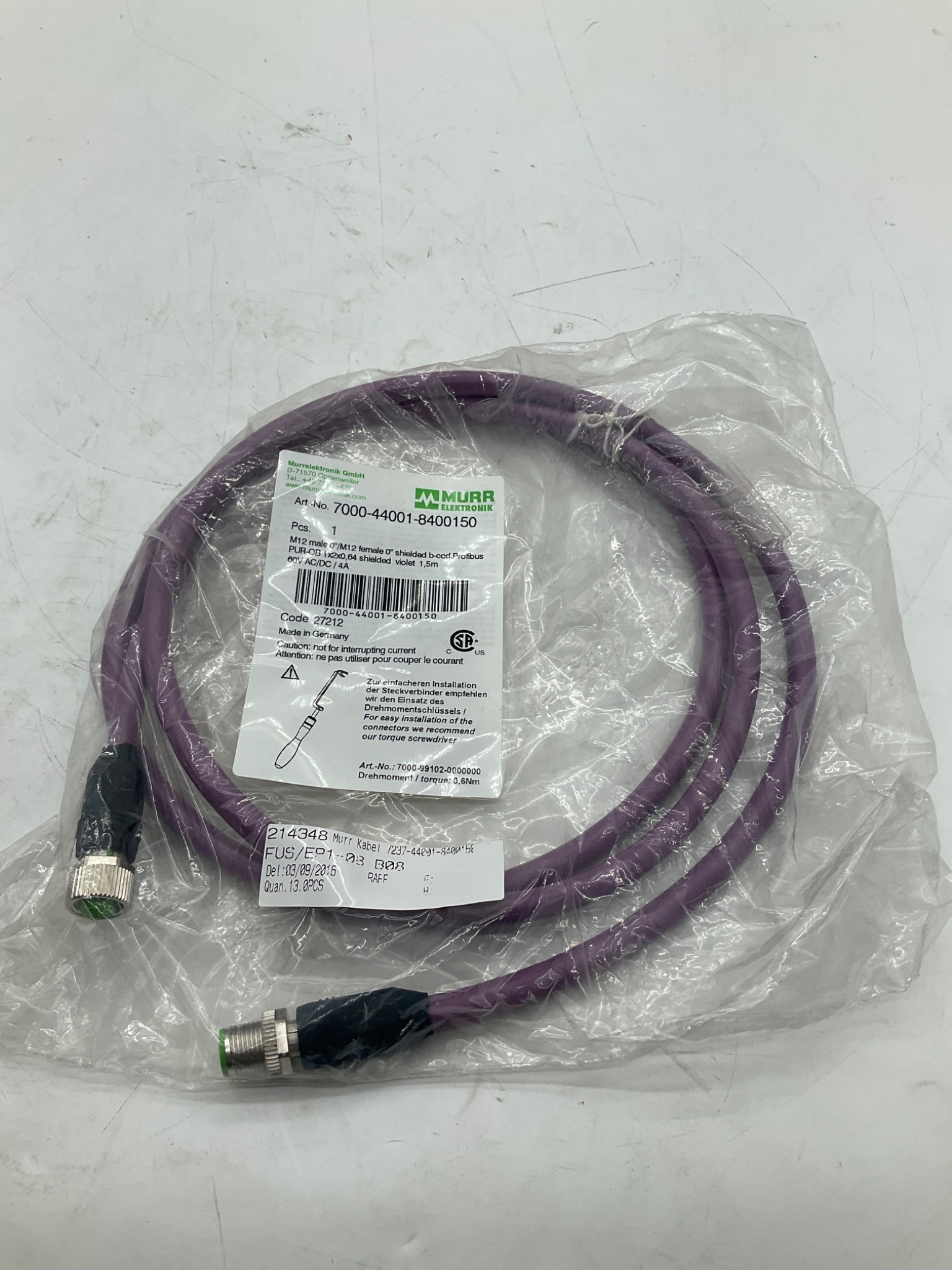 MURR ELEKTRONIK 7000-44001-8400150 M12 B-Coded Profibus Cable 1.5M NEW 0