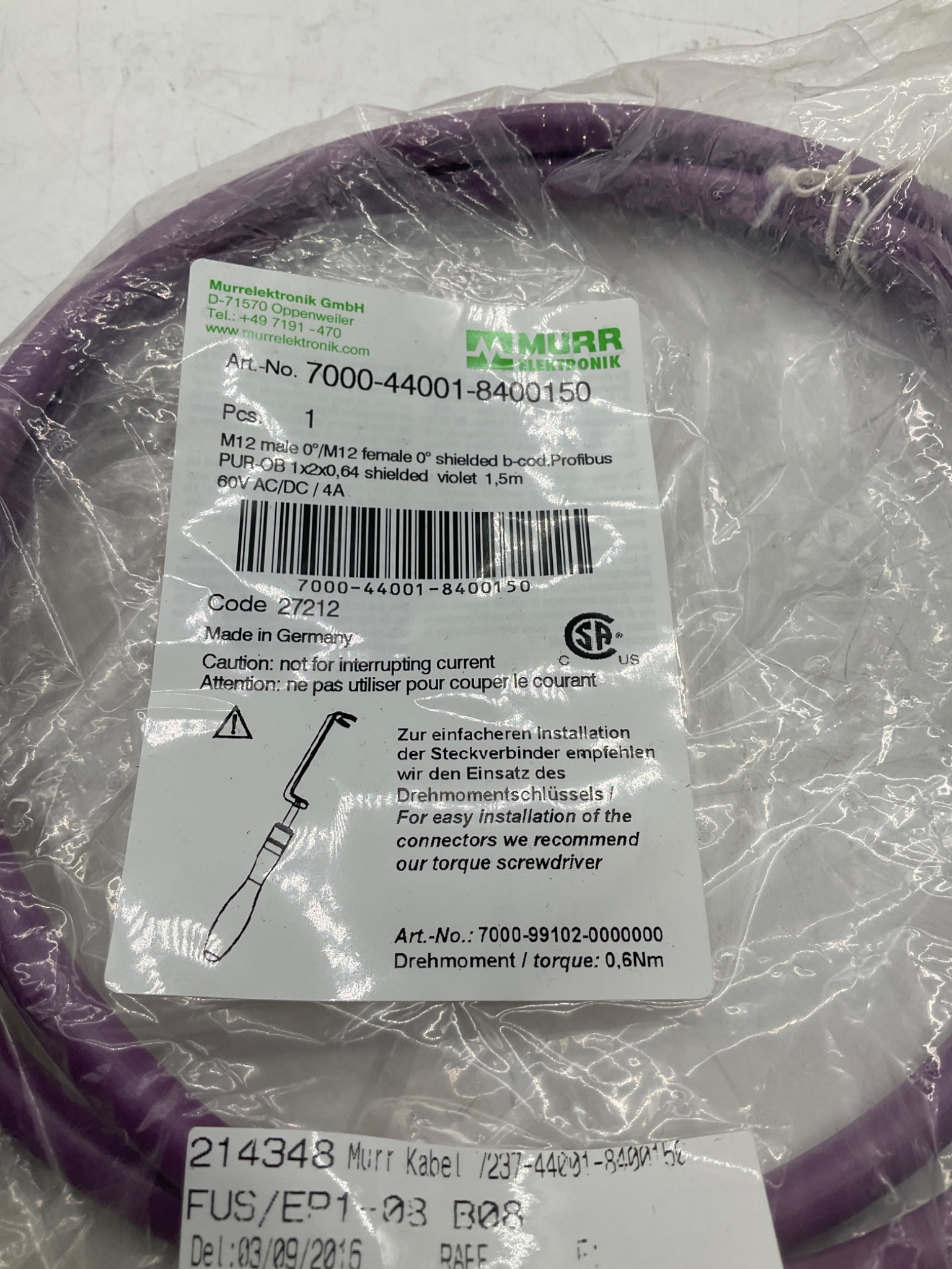 MURR ELEKTRONIK 7000-44001-8400150 M12 B-Coded Profibus Cable 1.5M NEW 1