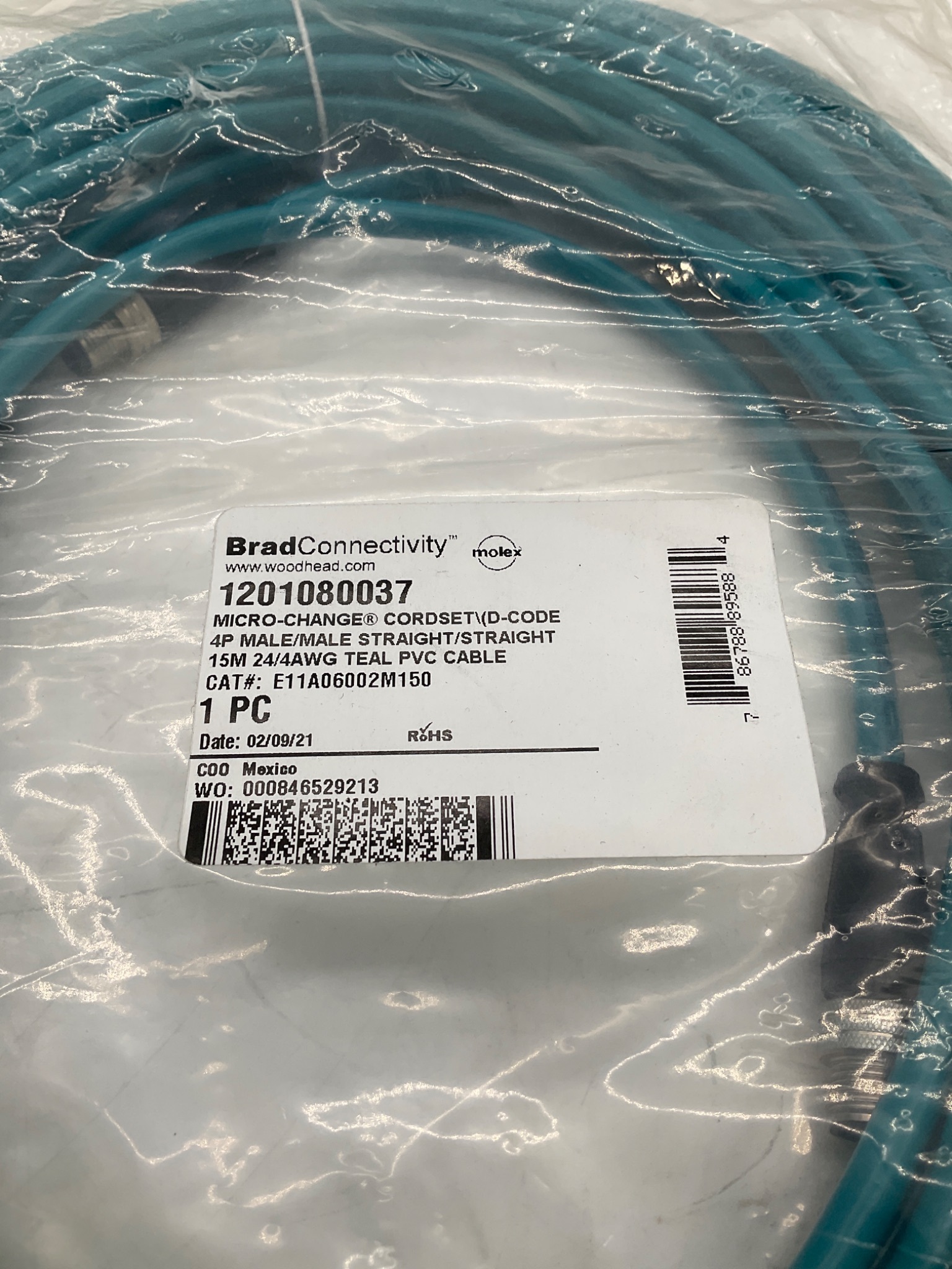 Brad Connectivity 1201080037 Micro-Change D-Code M12 Cordset 15M 4-Pin Male/Male NEW 1