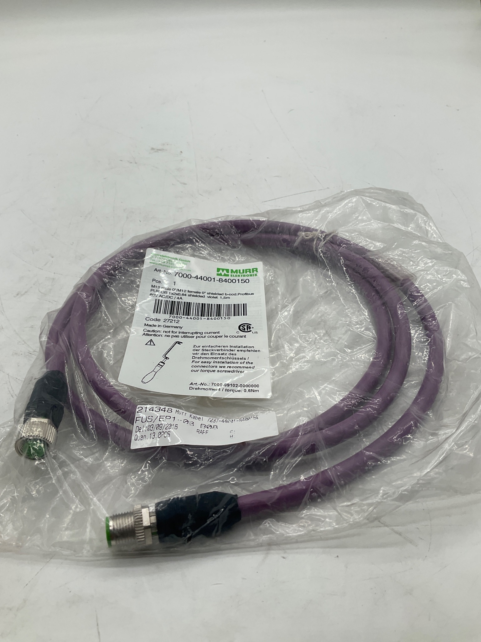 MURR ELEKTRONIK 7000-44001-8400150 M12 B-Coded Profibus Cable 1.5M NEW 2