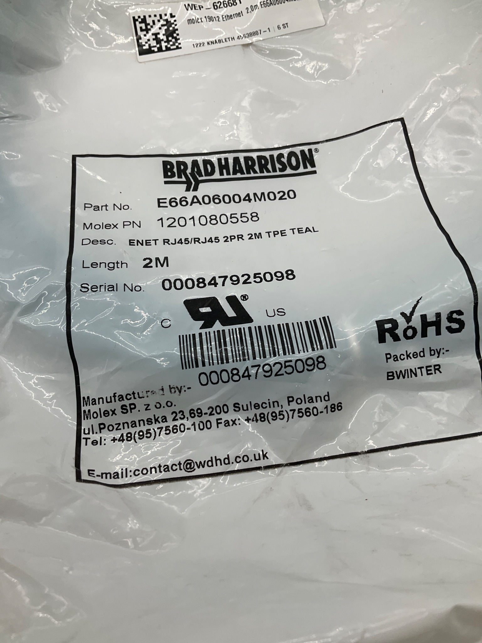 BRAD HARRISON E66A06004M020 RJ45 To RJ45 Ethernet Cordset 2M (Lot Of 8) NEW 1