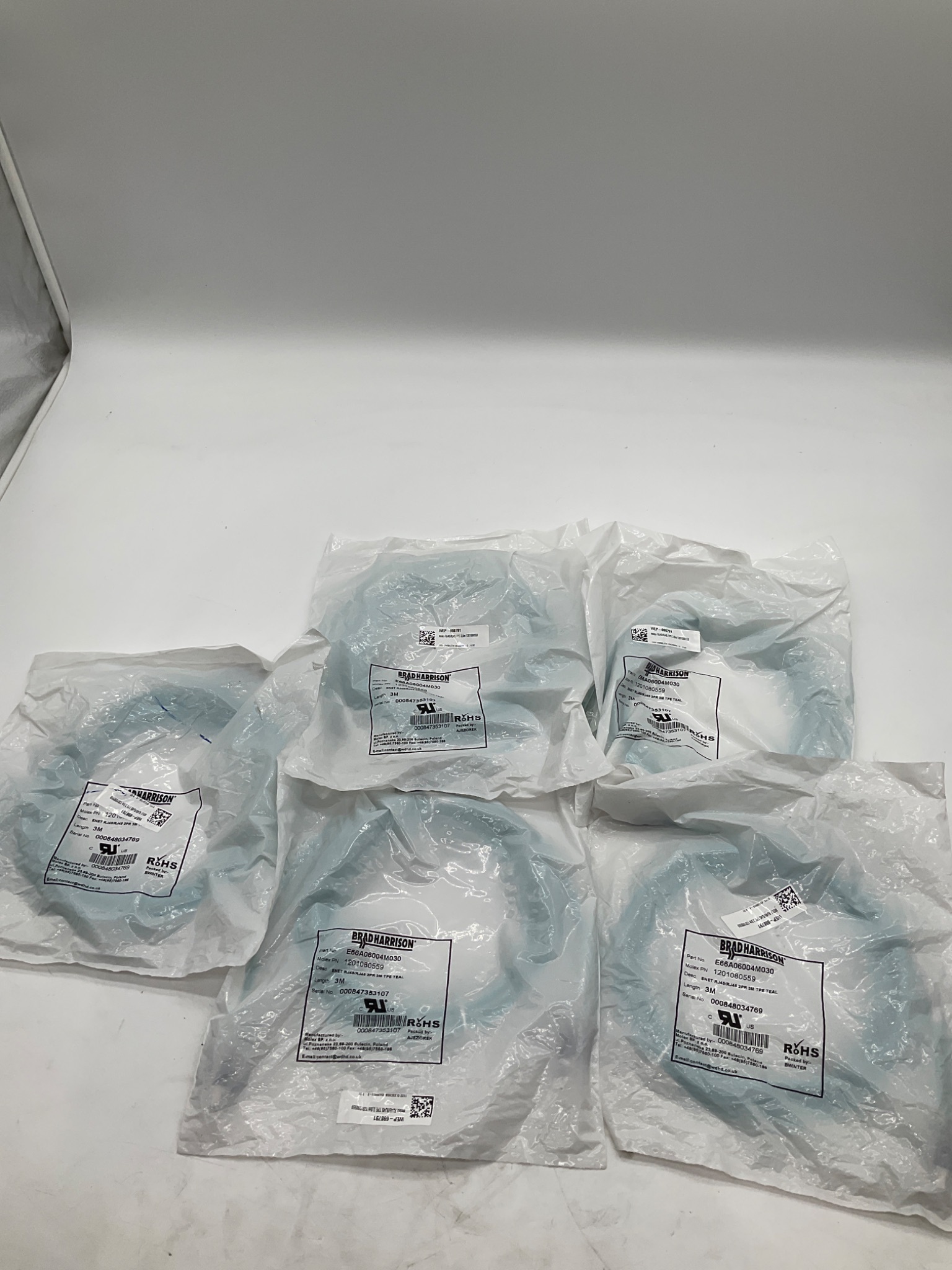 BRAD HARRISON E66A06004M030 RJ45 To RJ45 Ethernet Cordset 3M (LOT OF 5) NEW 0