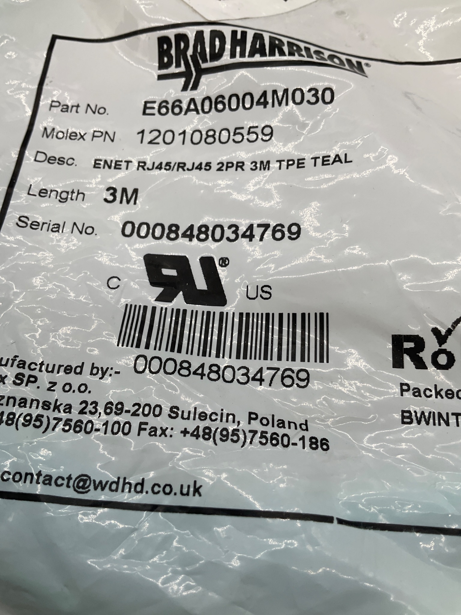 BRAD HARRISON E66A06004M030 RJ45 To RJ45 Ethernet Cordset 3M (LOT OF 5) NEW 1