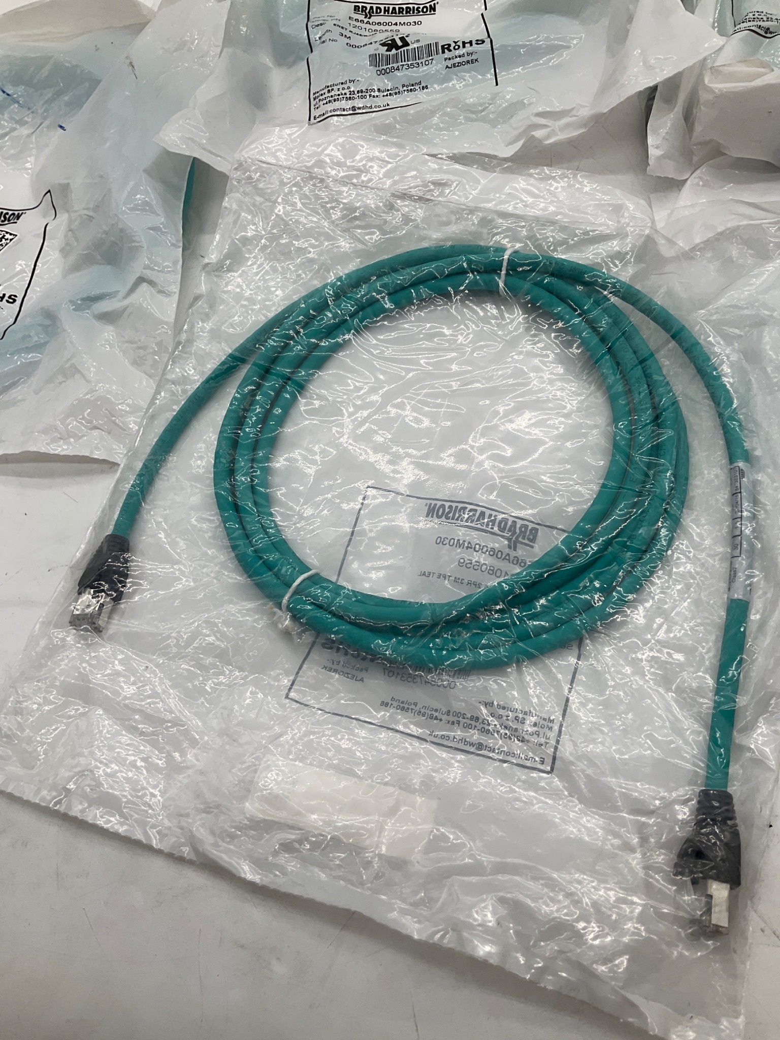 BRAD HARRISON E66A06004M030 RJ45 To RJ45 Ethernet Cordset 3M (LOT OF 5) NEW 2