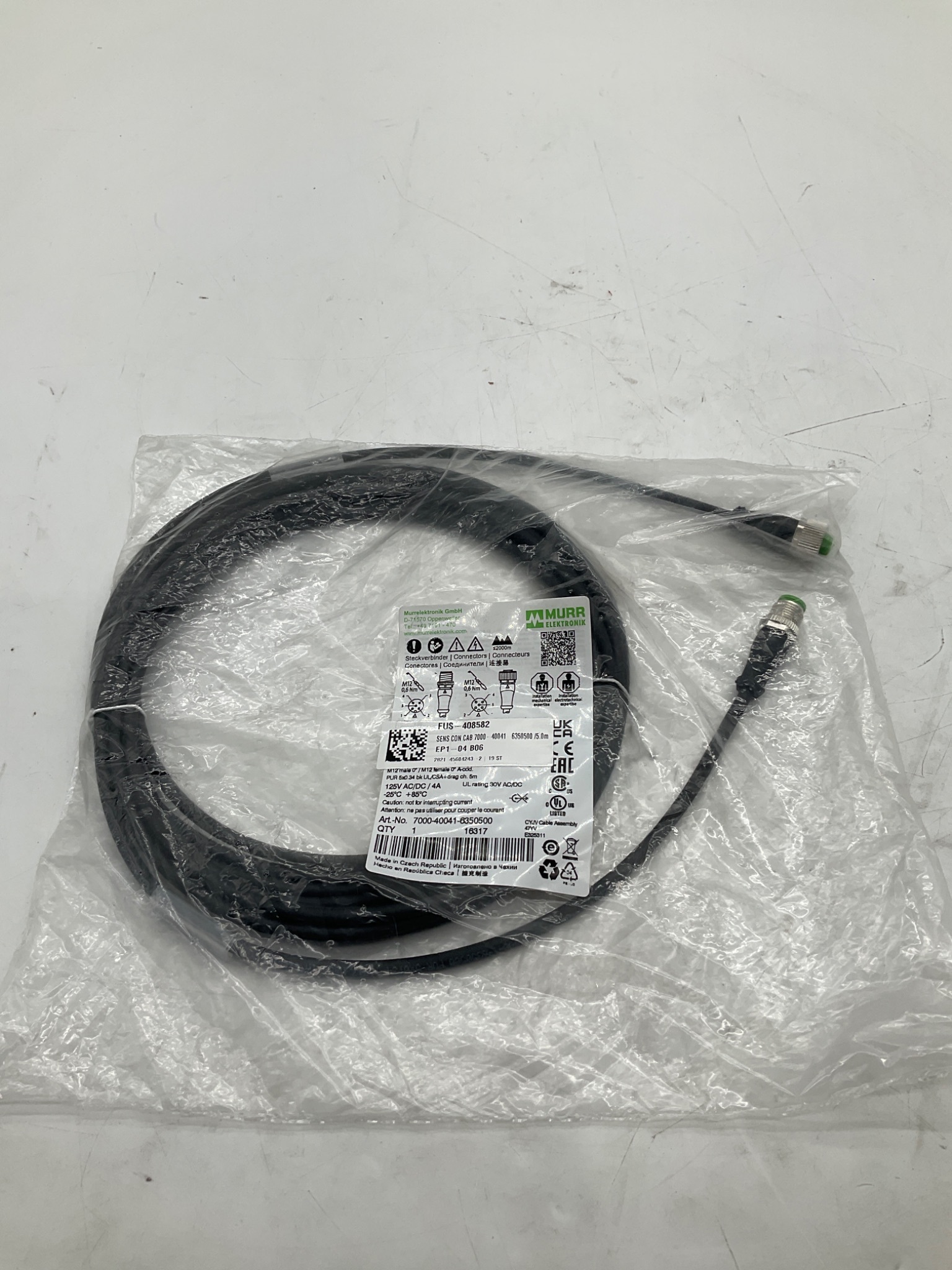 MURR ELEKTRONIK 7000-40041-6350500 M12 A-Coded Sensor Cable 5M NEW 0