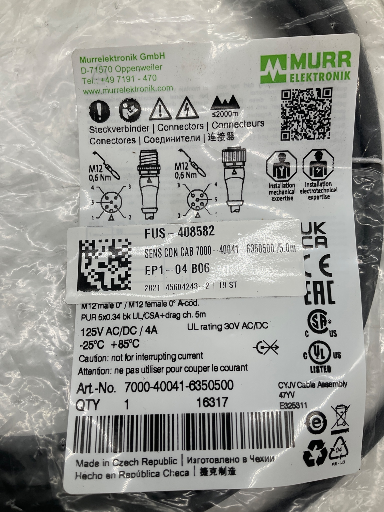 MURR ELEKTRONIK 7000-40041-6350500 M12 A-Coded Sensor Cable 5M NEW 1