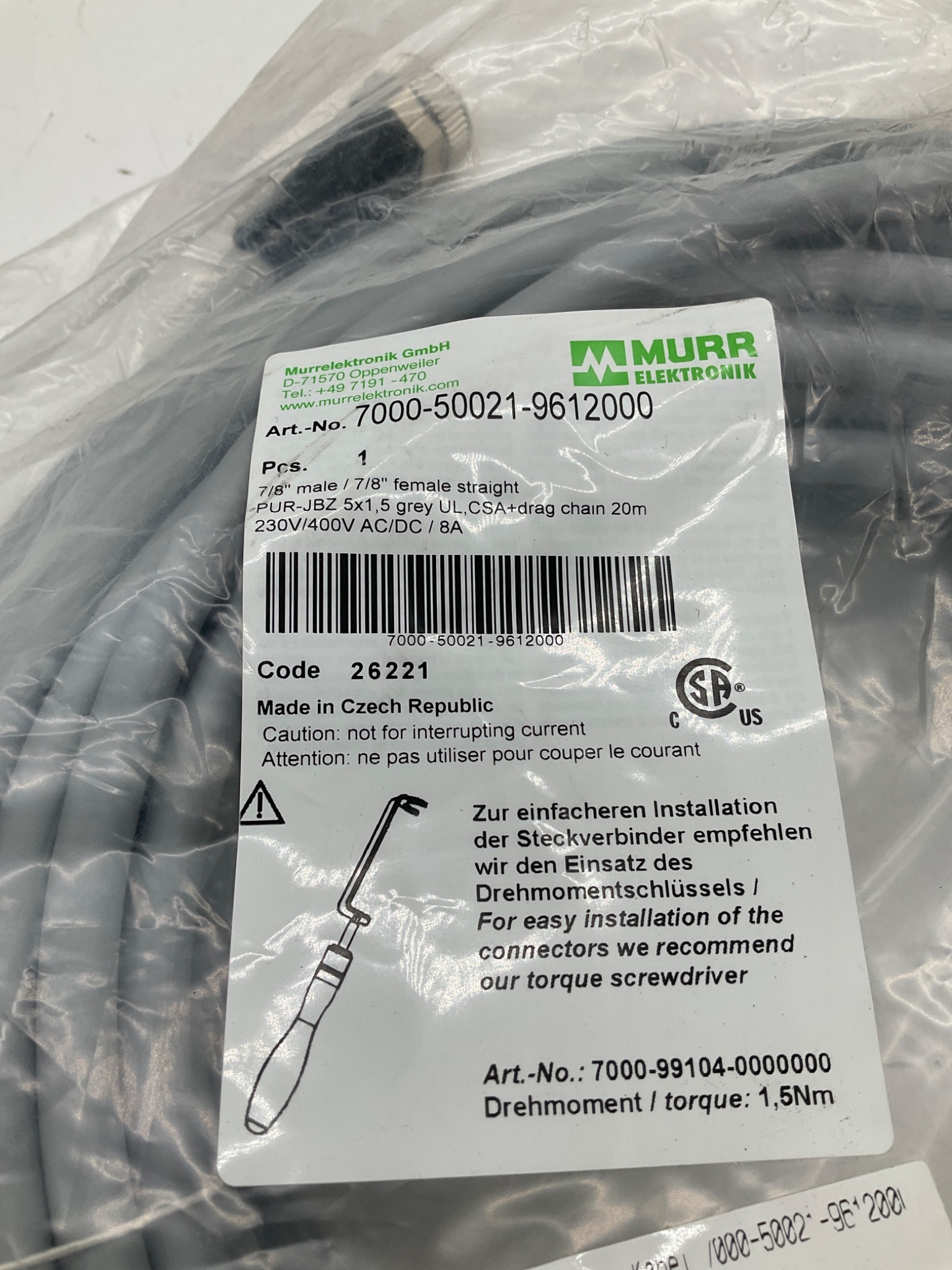 MURR ELEKTRONIK 7000-50021-9612000 7/8" Cordset 20M NEW 1