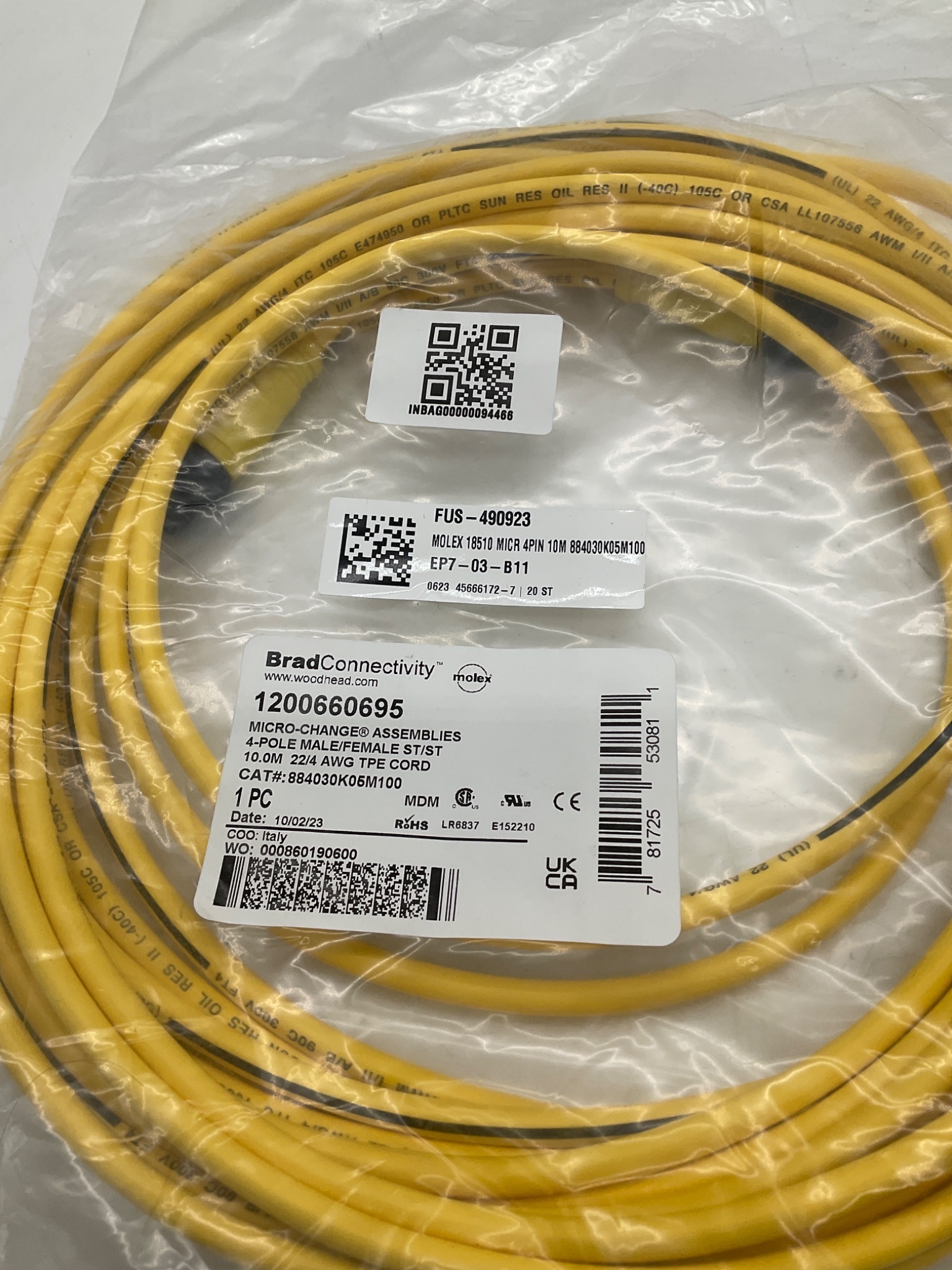 Brad Connectivity 1200660695 Micro-Change 4-Pole Male/Male 10M Cordset NEW 1
