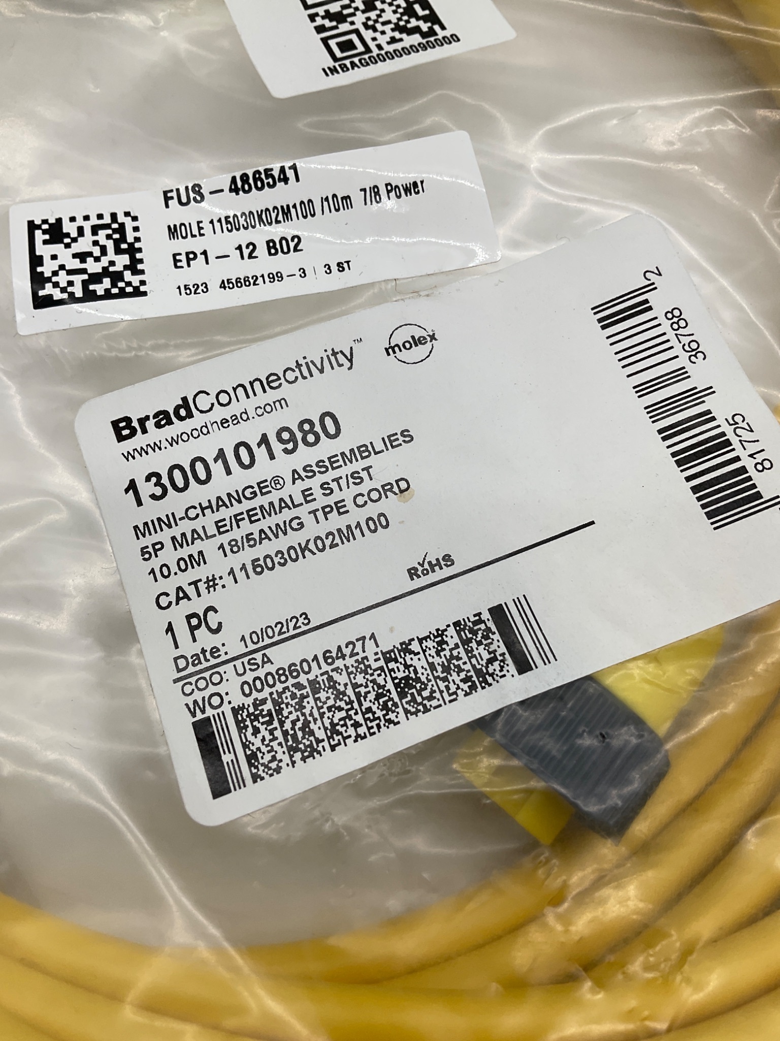 Brad Connectivity 1300101980 Mini-Change 5-Pole Male/Female 10M Cordset NEW 2