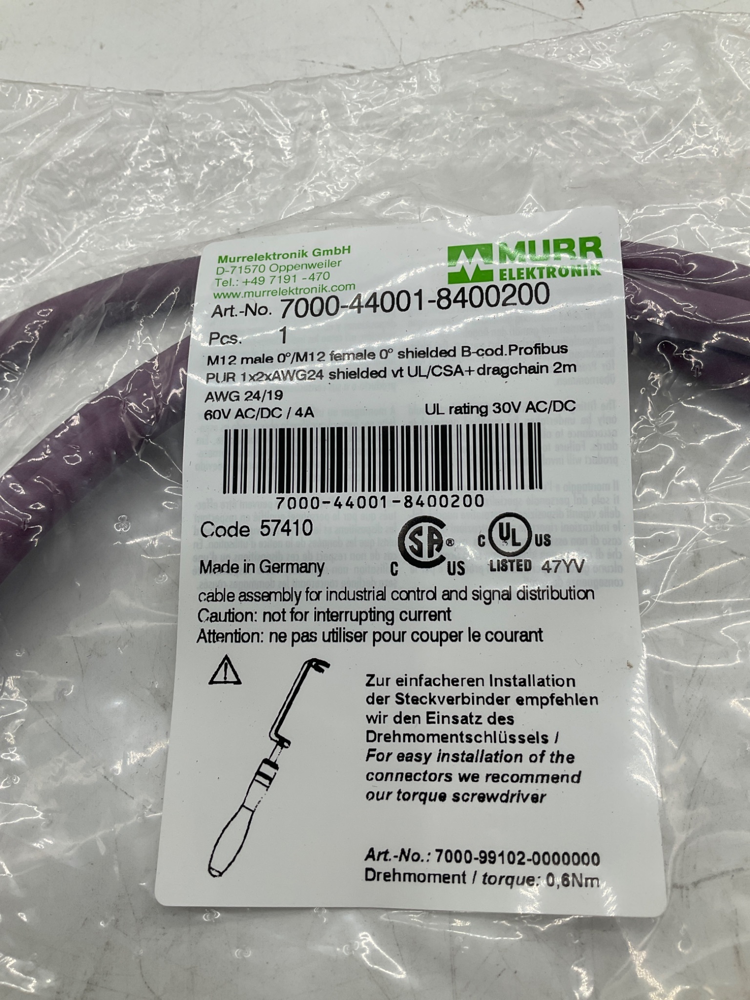 MURR ELEKTRONIK 7000-44001-8400200 M12 B-Coded Profibus Cable 2M NEW 1