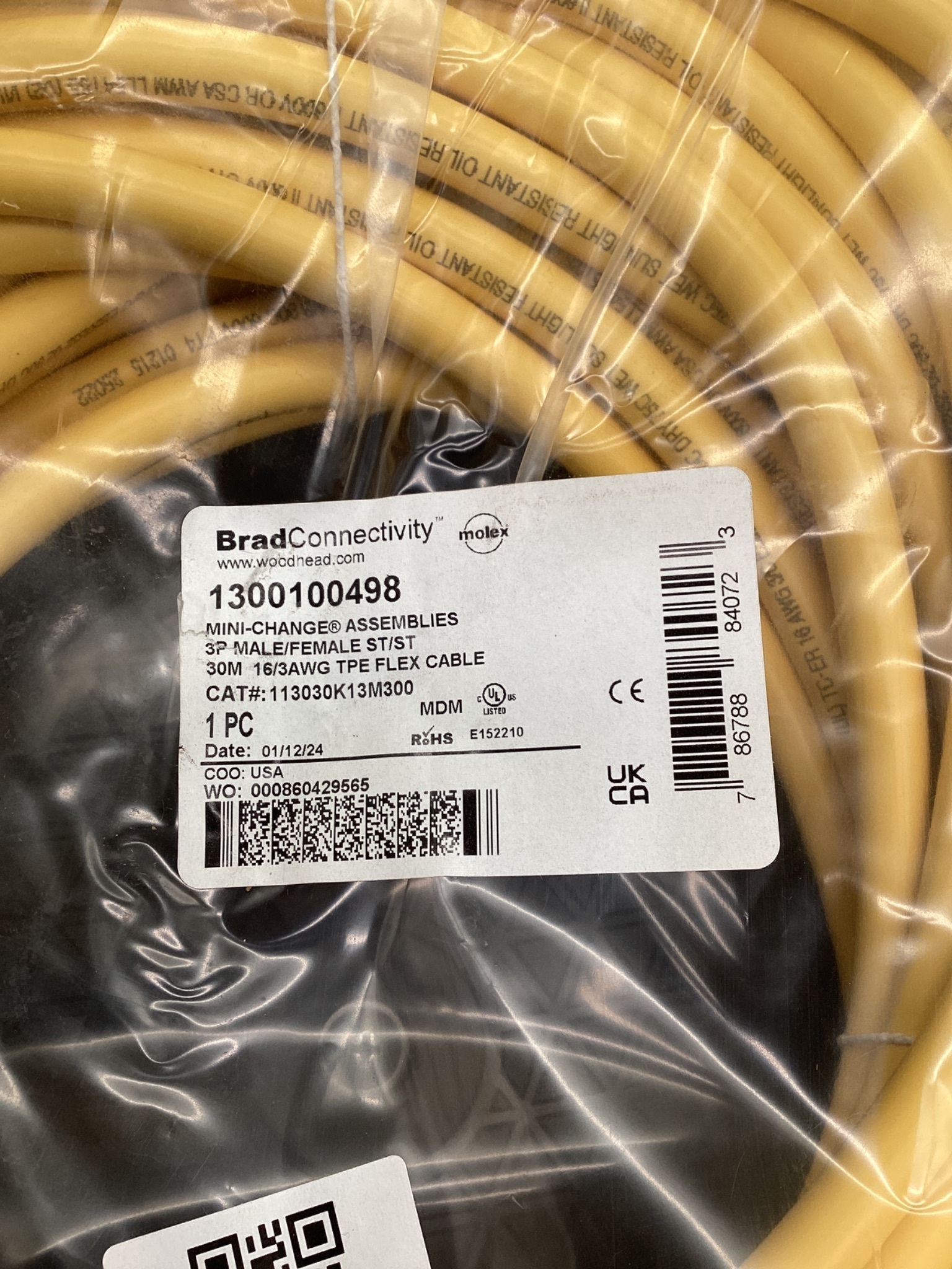 Brad Connectivity 1300100498 Mini-Change 3-Pole Male/Female 30M Cordset NEW 1