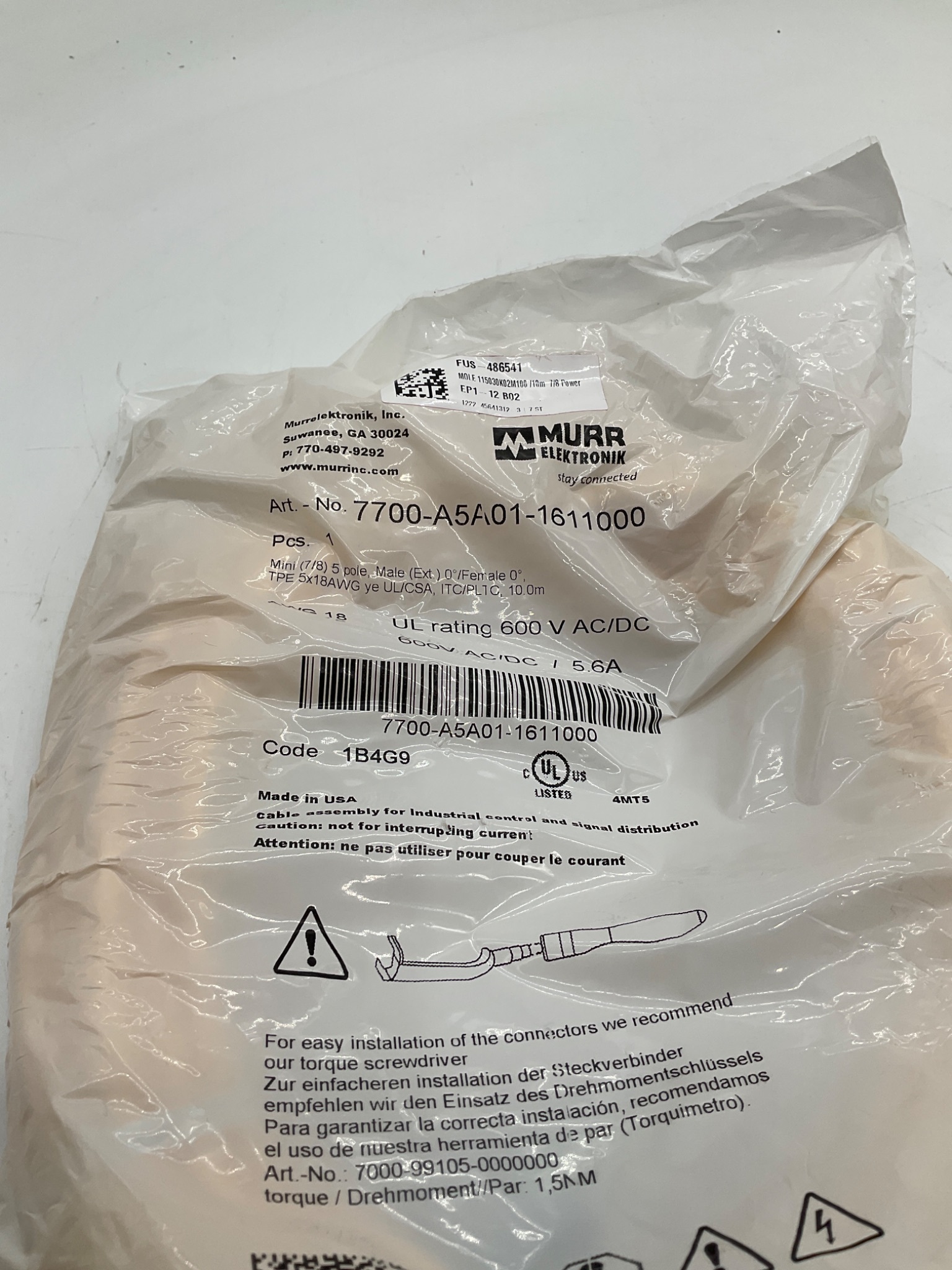 Murrelektronik 7700-A5A01-1611000 Mini 5-Pole Male/Female 10M 600V Cordset NEW 1