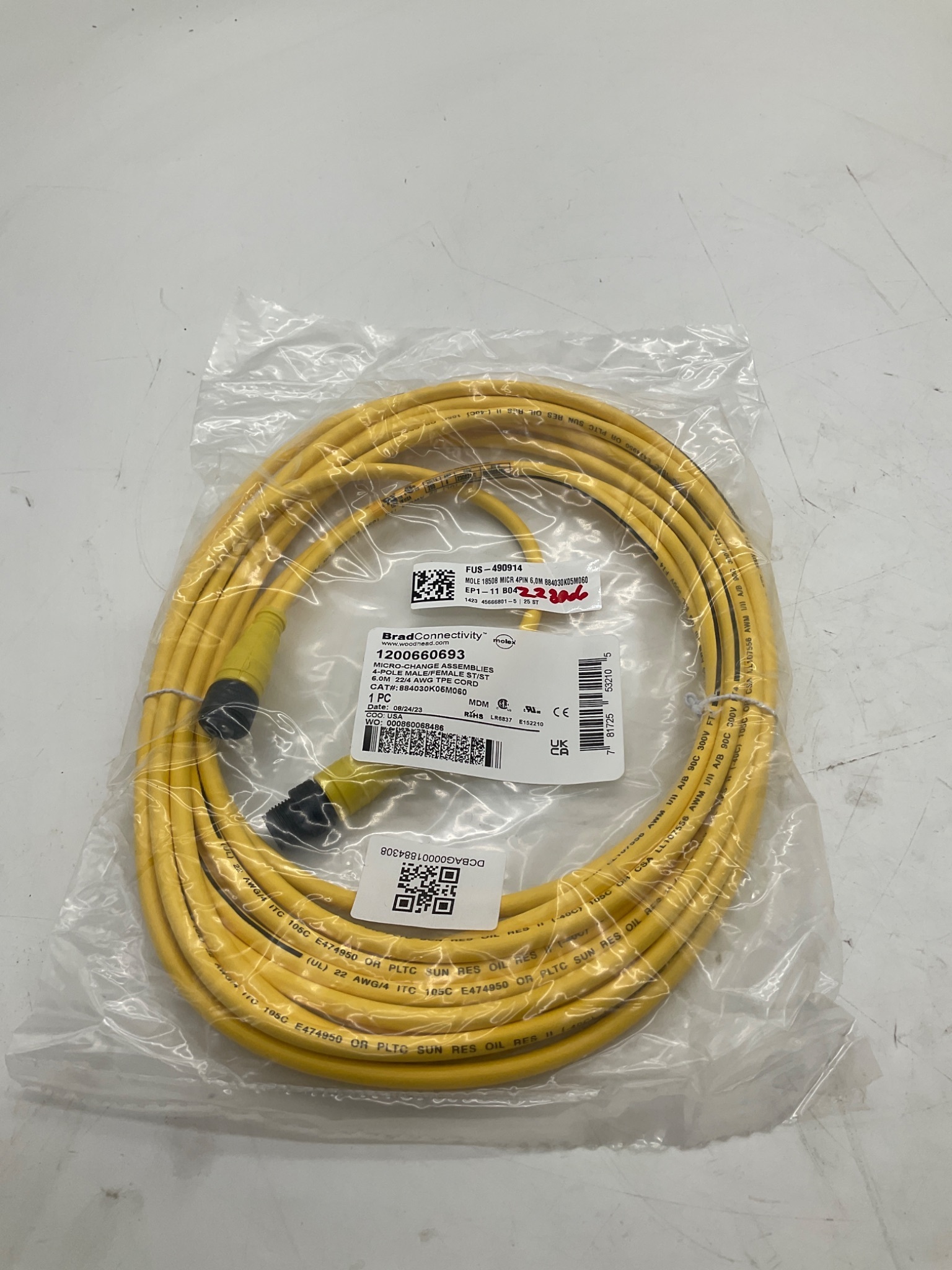 Brad Connectivity 1200660693 Micro-Change 4-Pole Male/Female 6M Cordset NEW 0