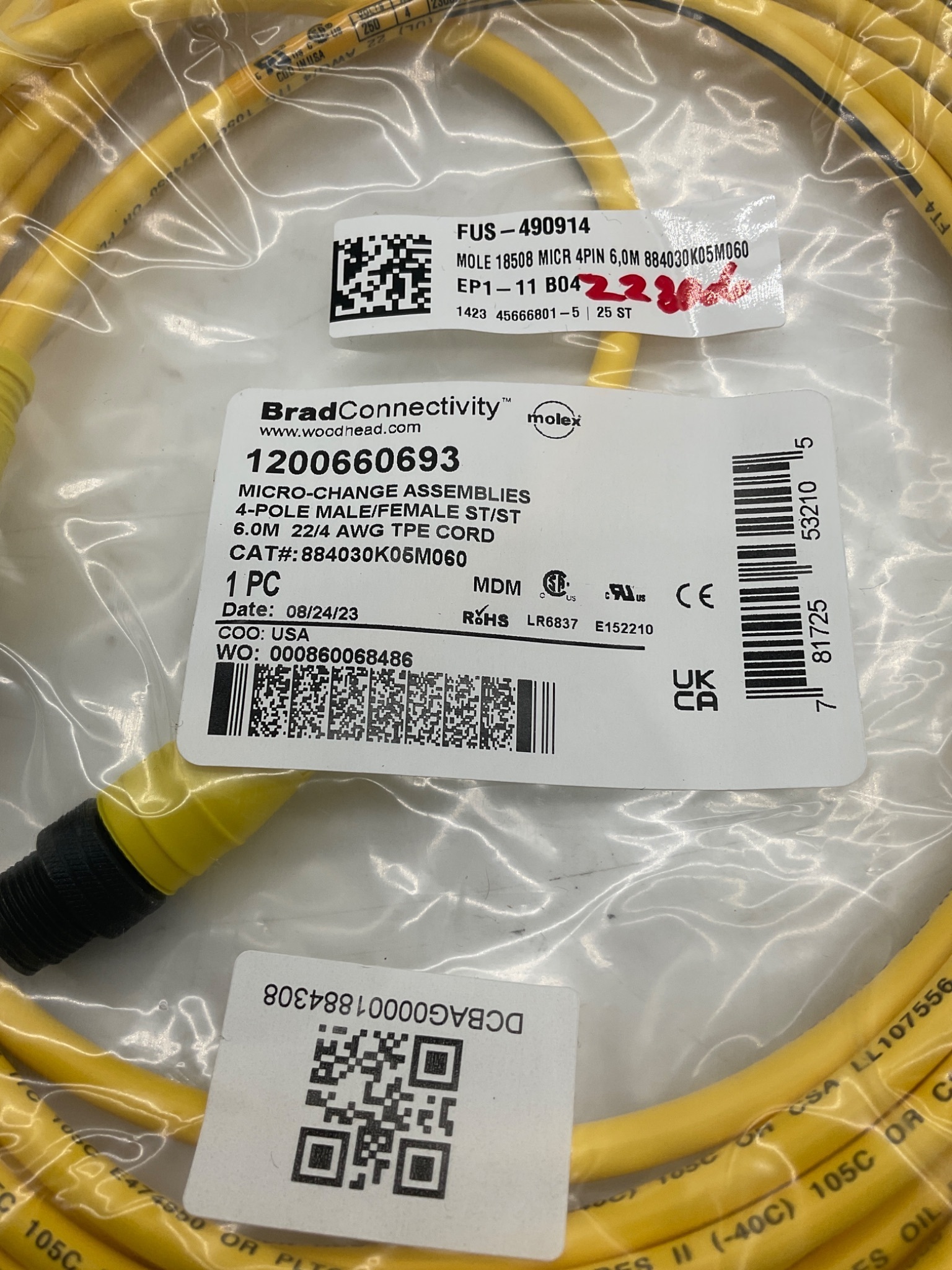 Brad Connectivity 1200660693 Micro-Change 4-Pole Male/Female 6M Cordset NEW 1