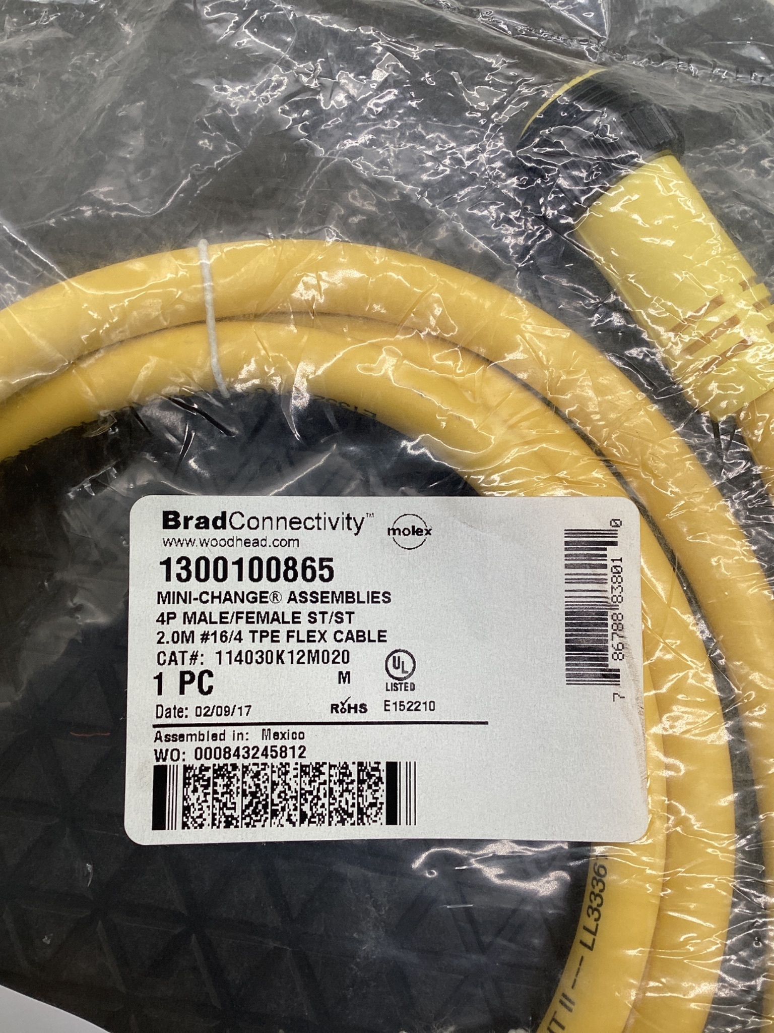 Brad Connectivity 1300100865 Mini-Change 4-Pole Male/Female 2M Cordset NEW 1