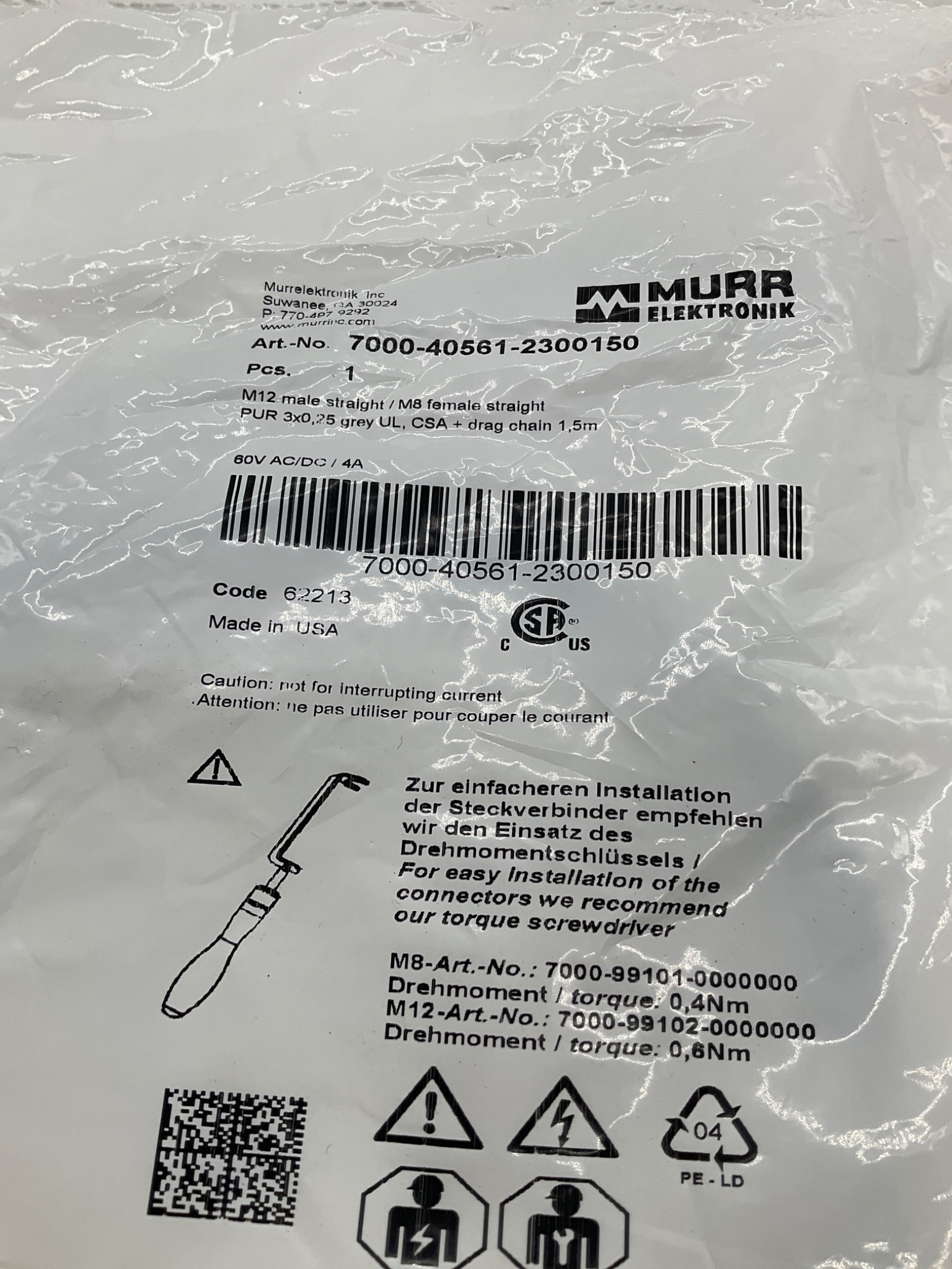 MURR ELEKTRONIK 7000-40561-2300150 M12 To M8 Sensor Actuator Cordset 1.5M NEW 1