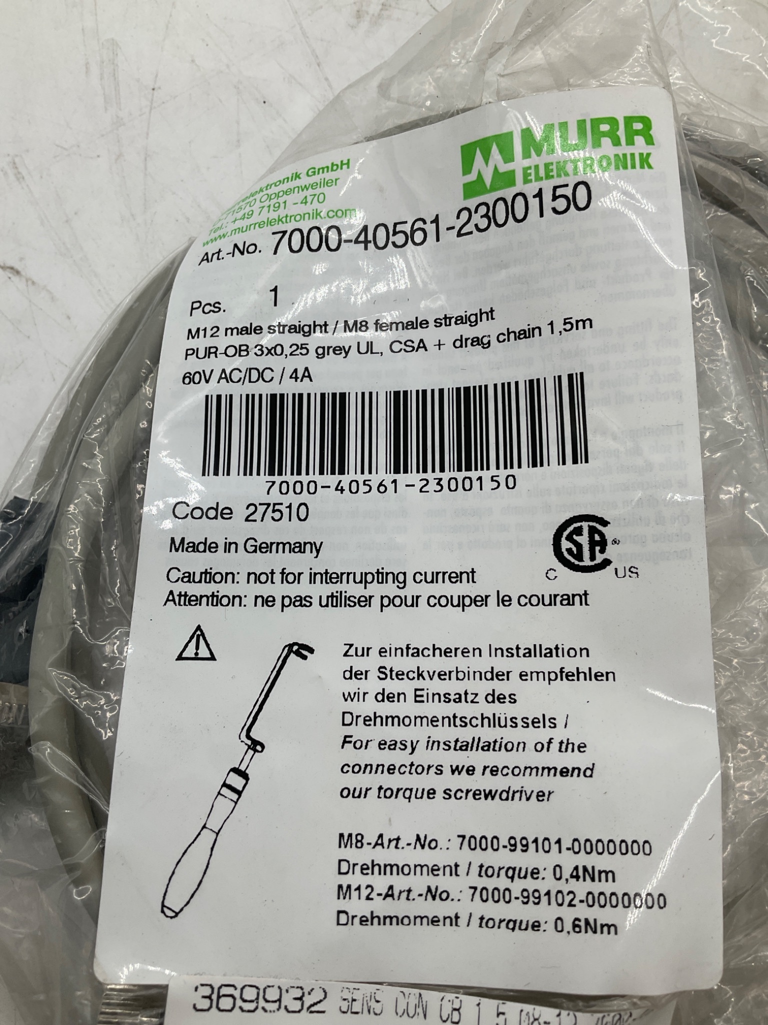 MURR ELEKTRONIK 7000-40561-2300150 M12 Male To M8 Female Cordset 1.5M NEW 1