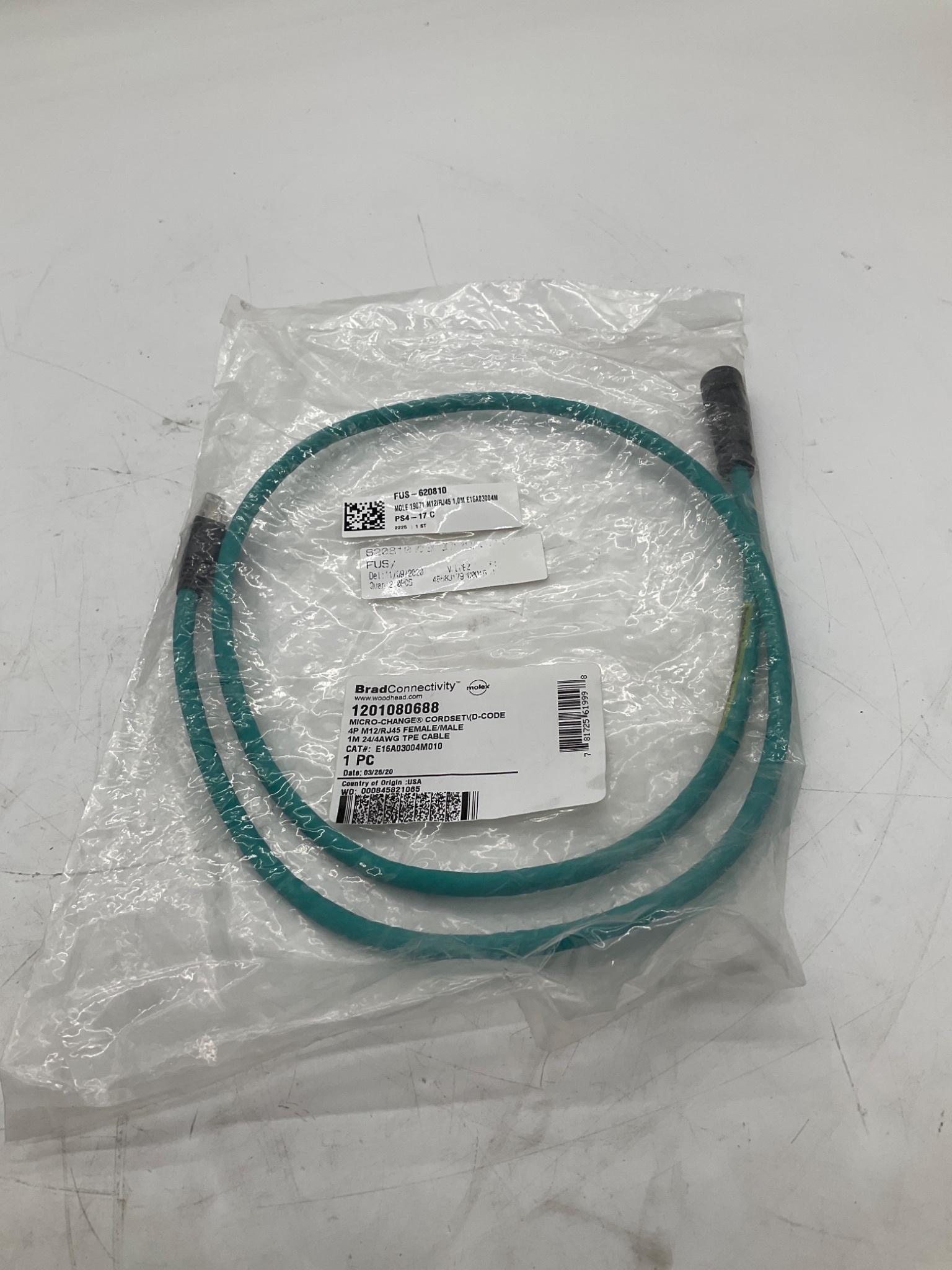 MOLEX 1201080688 M12 D-Coded To RJ45 Ethernet Cordset 1M NEW 0