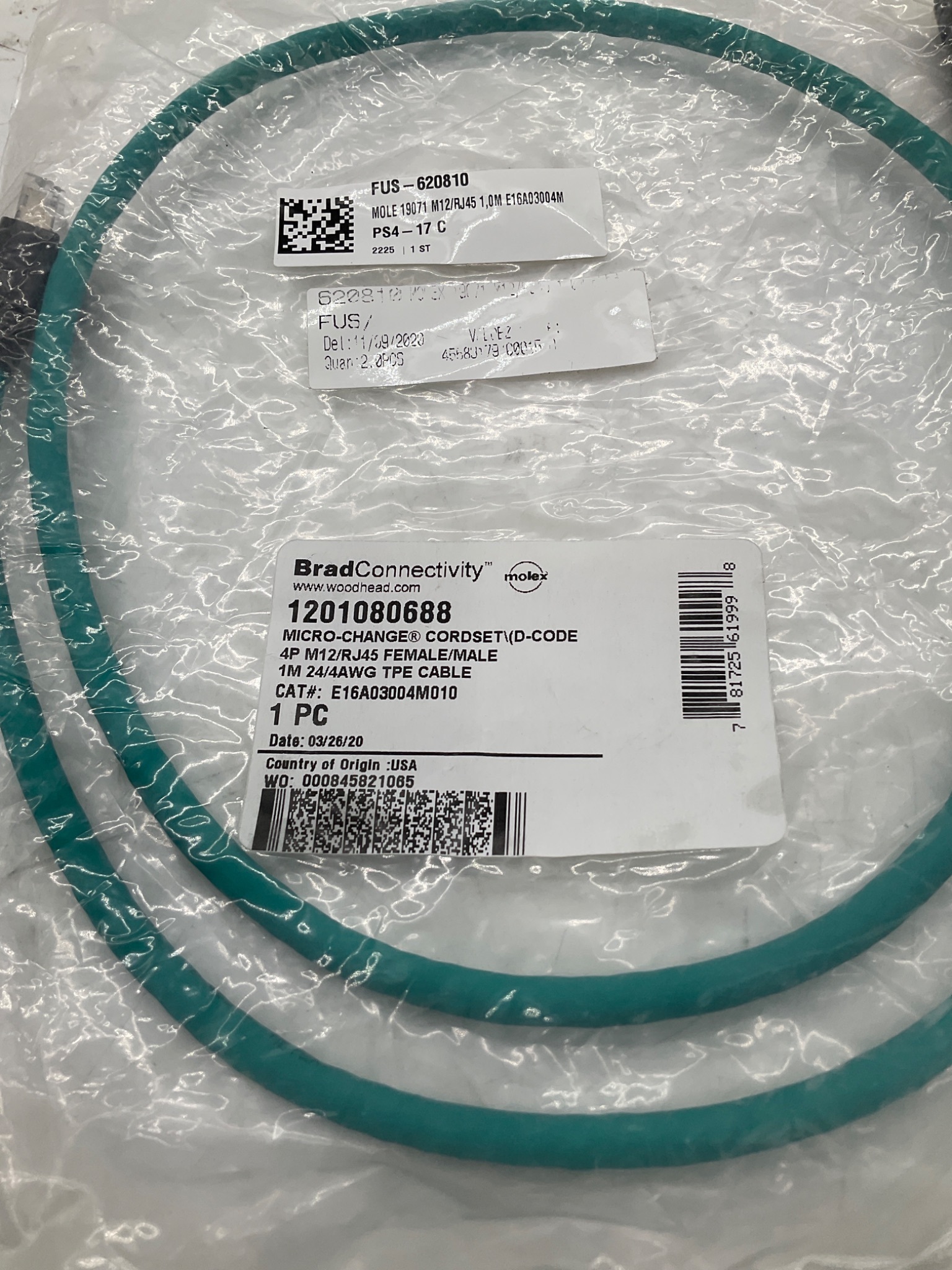 MOLEX 1201080688 M12 D-Coded To RJ45 Ethernet Cordset 1M NEW 1