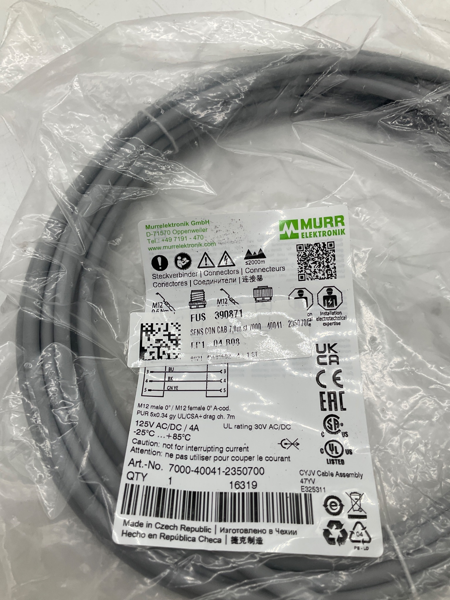 MURR ELEKTRONIK 7000-40041-2350700 M12 A-Coded Sensor Actuator Cordset 7M NEW 1