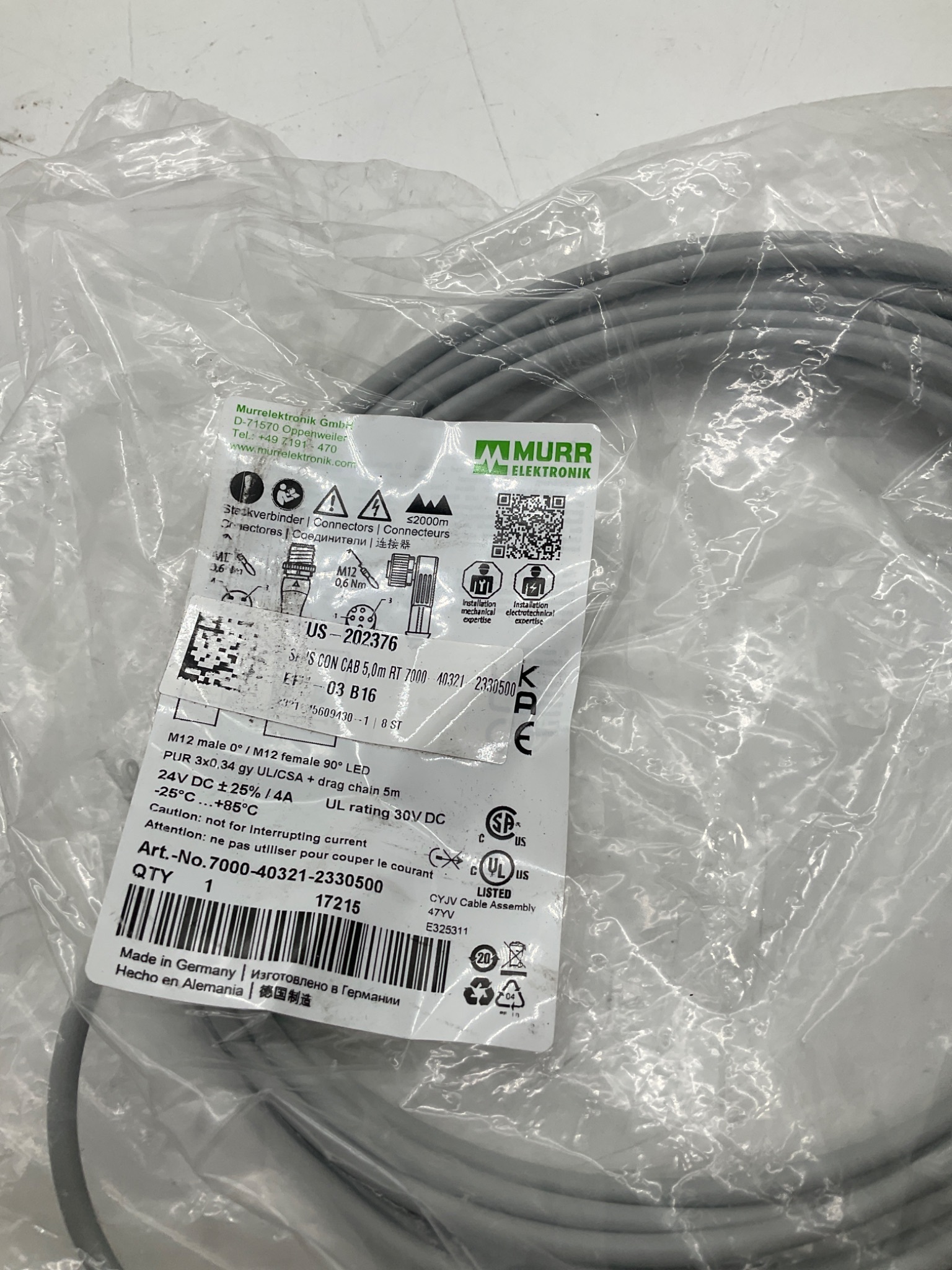 MURR ELEKTRONIK 7000-40321-2330500 M12 LED Sensor Actuator Cordset 5M NEW 1