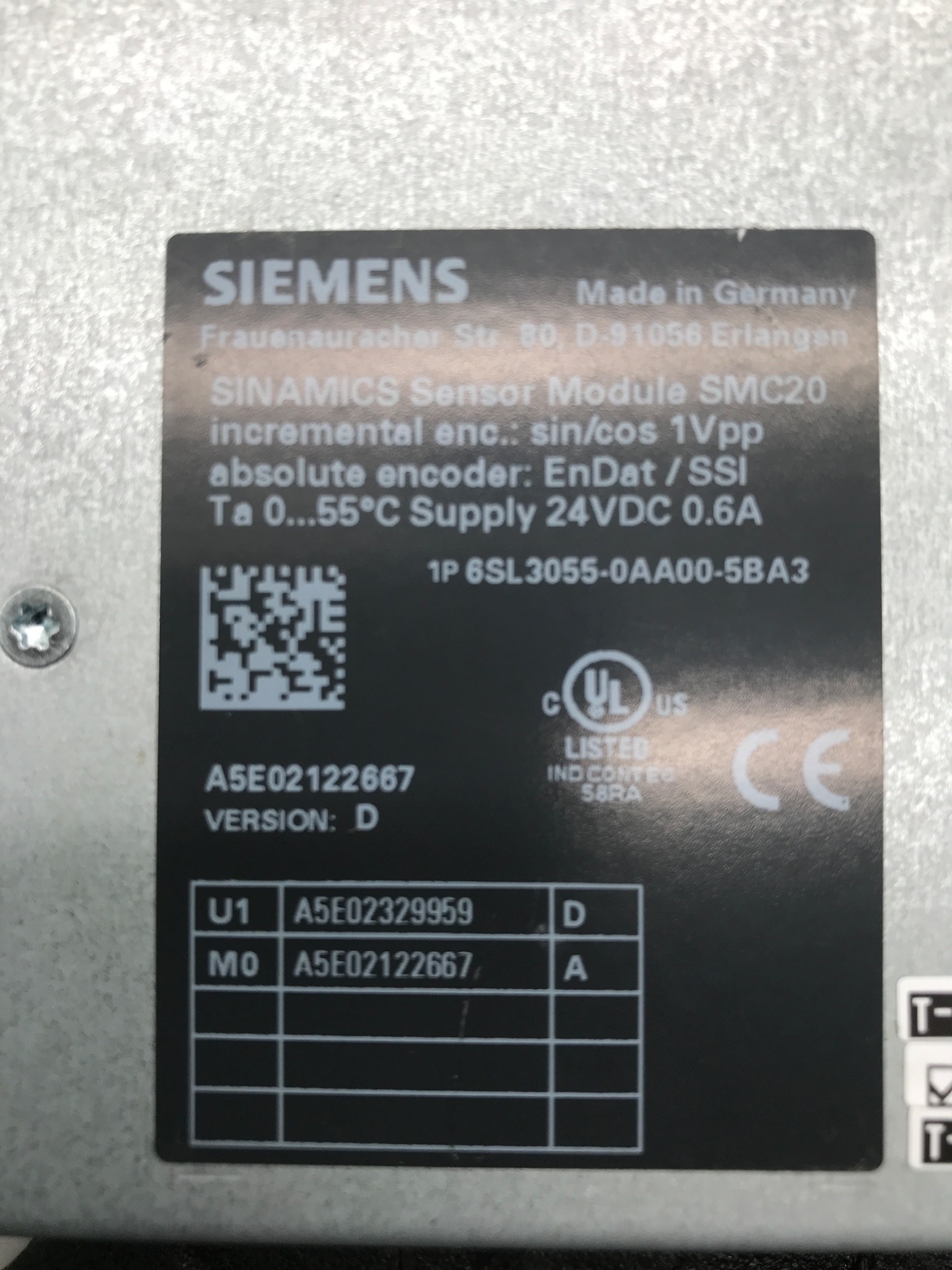 SIEMENS 6SL3055‑0AA00‑5BA3 SINAMICS SMC20 Sensor Module USED 2