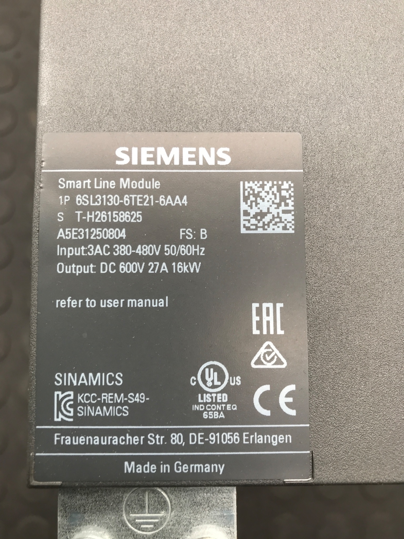 SIEMENS 6SL3130‑6TE21‑6AA4 SINAMICS Smart Line Module USED 3