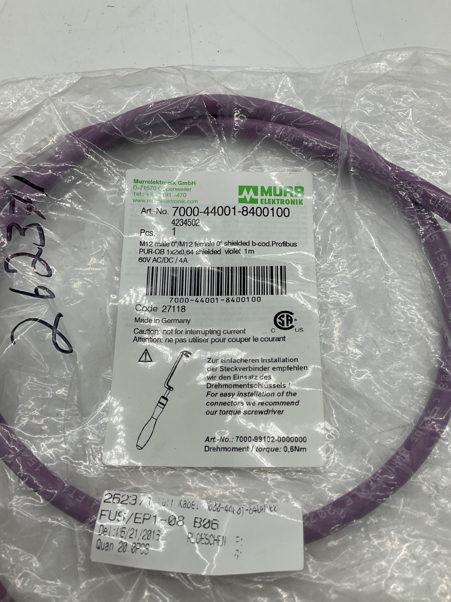 MURR ELEKTRONIK 7000-44001-8400100 M12 B-Coded Profibus Cordset 1M NEW 1