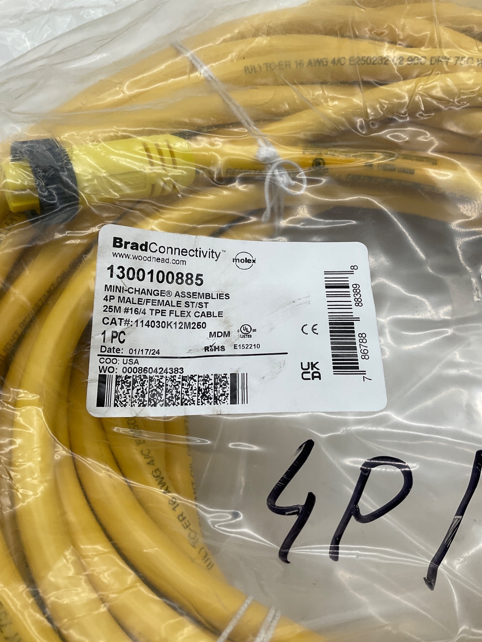 Brad Connectivity 1300100885 Mini-Change 4-Pole Male/Female 25M Cordset NEW 3