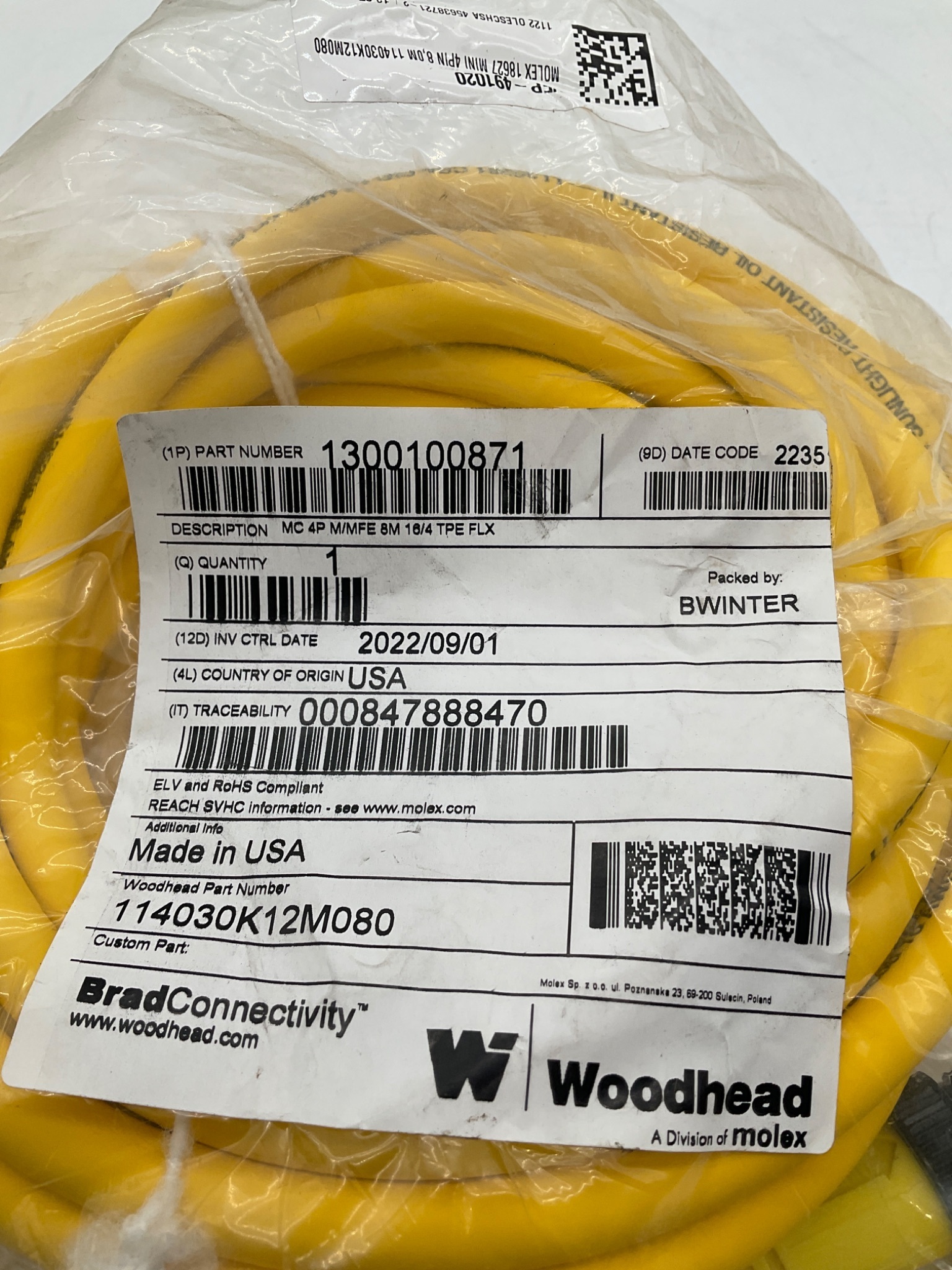 Woodhead 1300100871 Mini-Change 4-Pole Male/Female 8M Cordset NEW 1