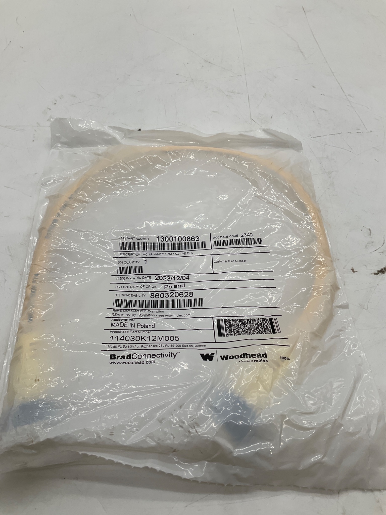 Woodhead 1300100863 Mini-Change 4-Pole Male/Female 0.5M Cordset NEW 0
