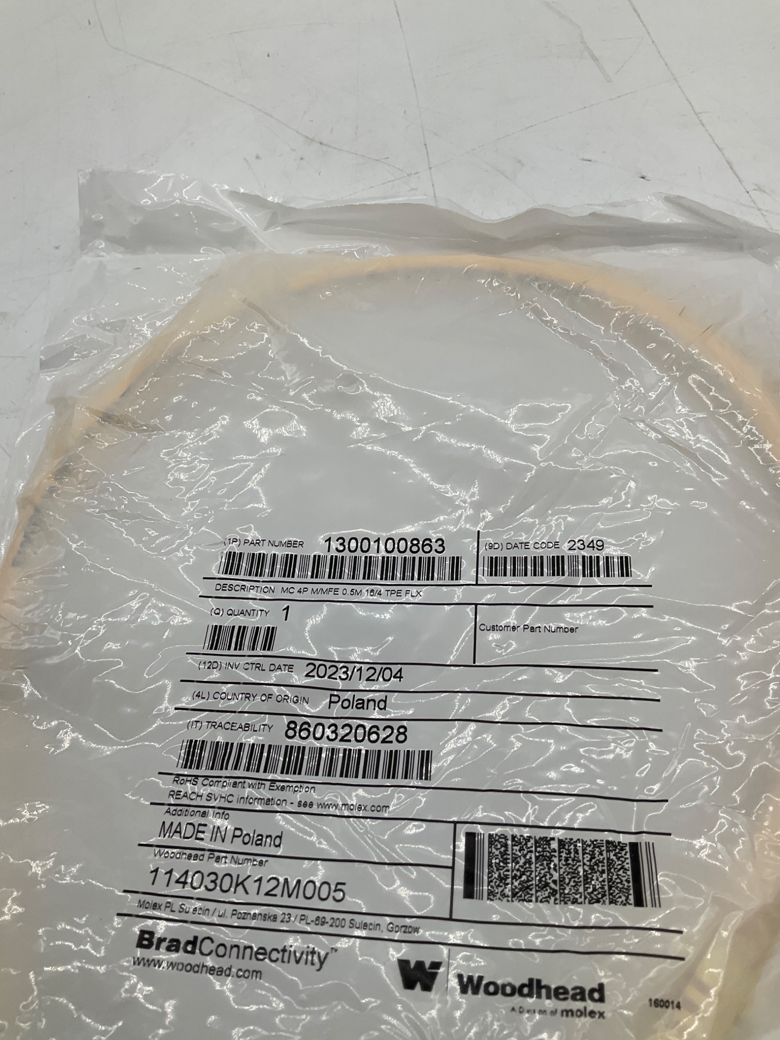 Woodhead 1300100863 Mini-Change 4-Pole Male/Female 0.5M Cordset NEW 2