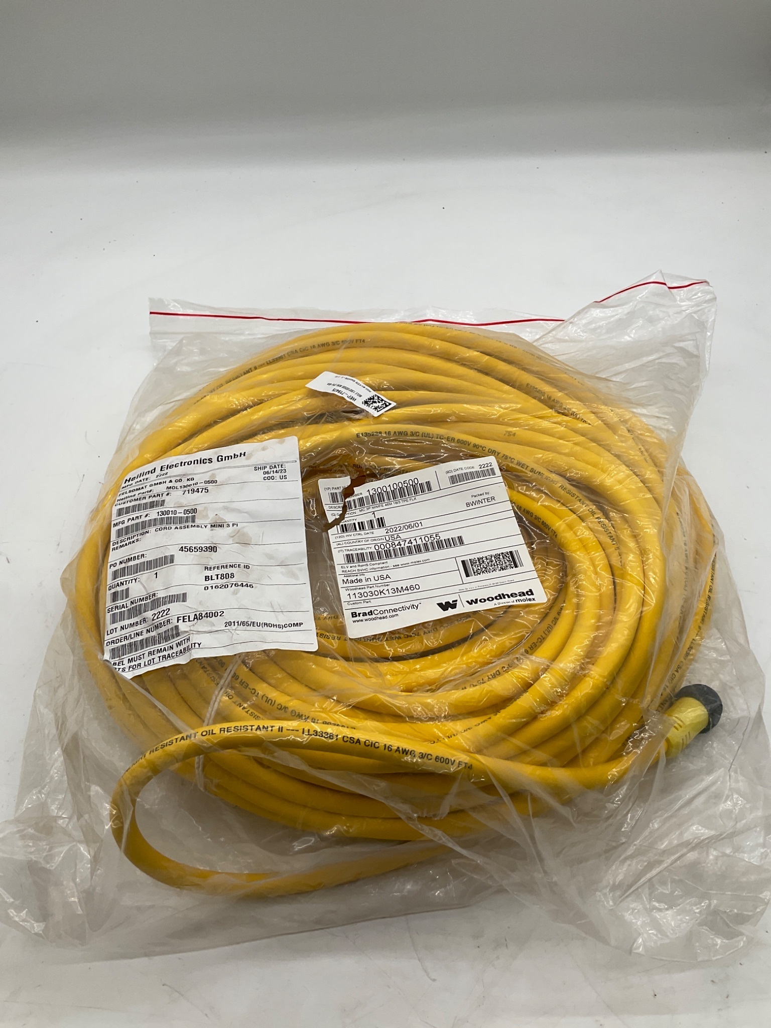 Woodhead 1300100500 Mini-Change 3-Pole Male/Female 46M Cordset NEW 0
