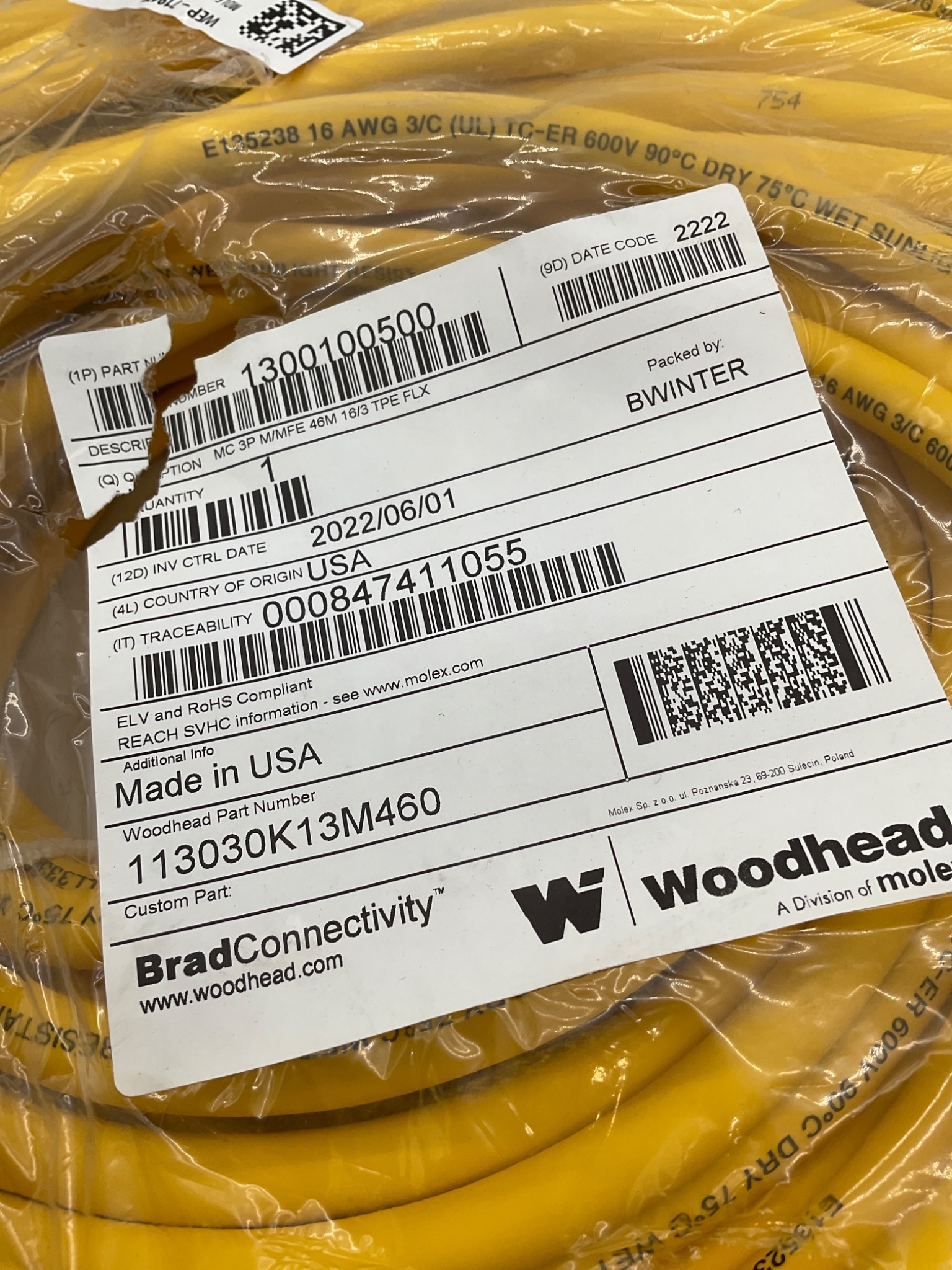 Woodhead 1300100500 Mini-Change 3-Pole Male/Female 46M Cordset NEW 1