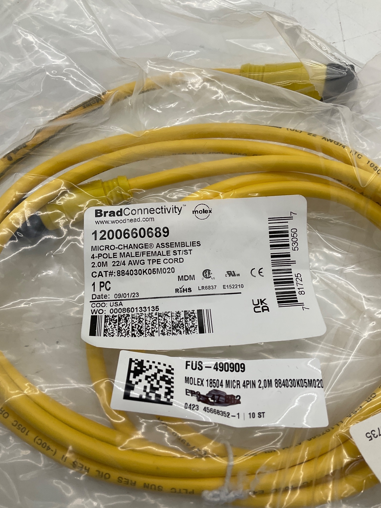 Brad Connectivity 1200660689 Micro-Change 4-Pole Male/Female 2M Cordset NEW 1