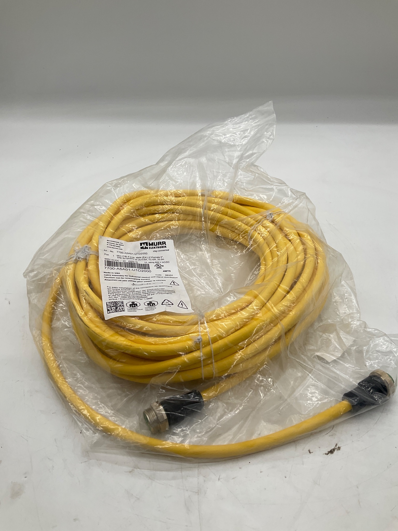 Murrelektronik 7700-A5A01-U1D2000 Mini 7/8" 5-Pole Male/Female 20M Cordset NEW 0