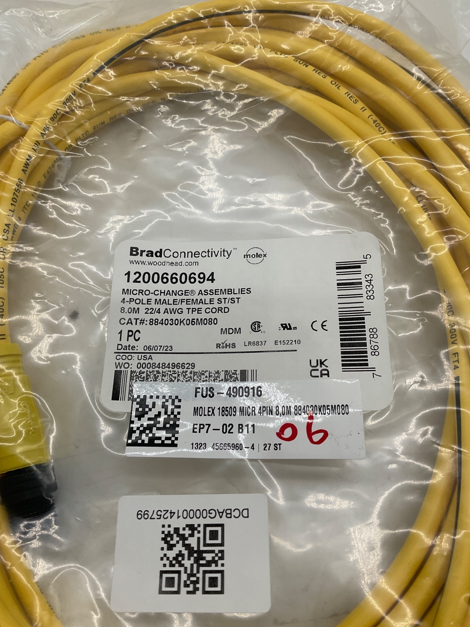 Brad Connectivity 1200660694 Micro-Change 4-Pole Male/Female 8M Cordset NEW 1