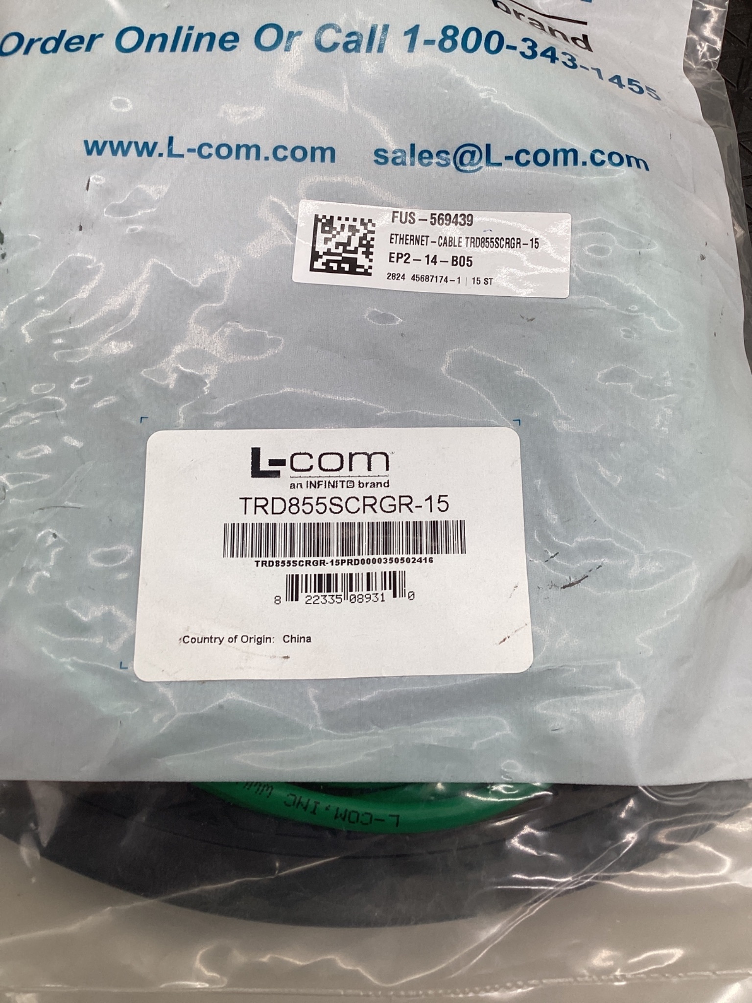 L-COM TRD855SCRGR-15 Cat5e Shielded Ethernet Cable 15FT NEW 1