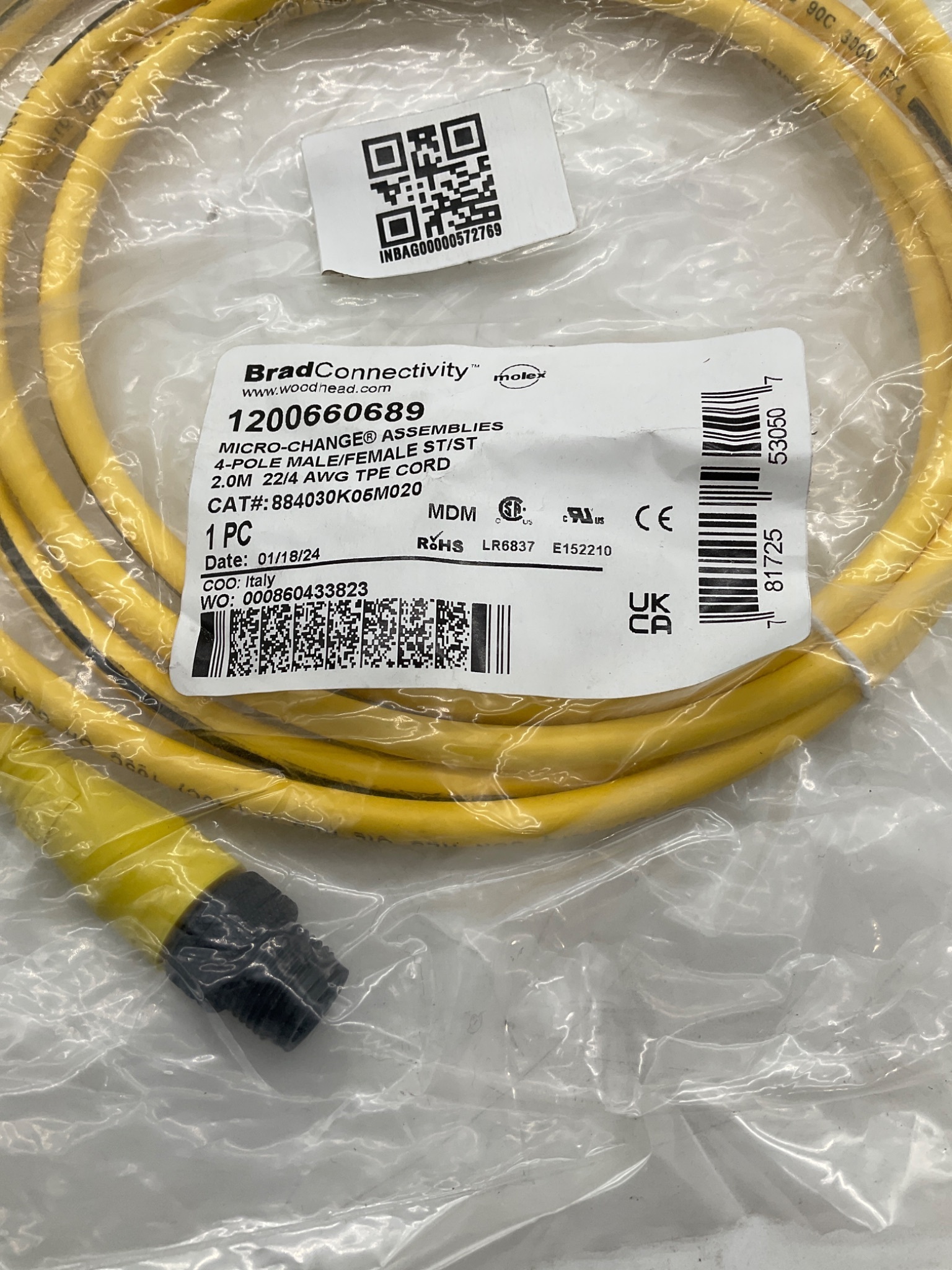 Brad Connectivity 1200660689 Micro-Change 4-Pole Male/Female 2M Cordset NEW 1