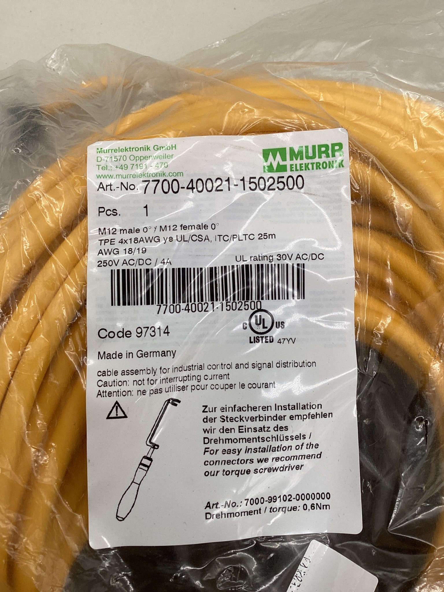Murrelektronik 7700-40021-1502500 M12 4-Pole Male/Female 25M Cordset NEW 1