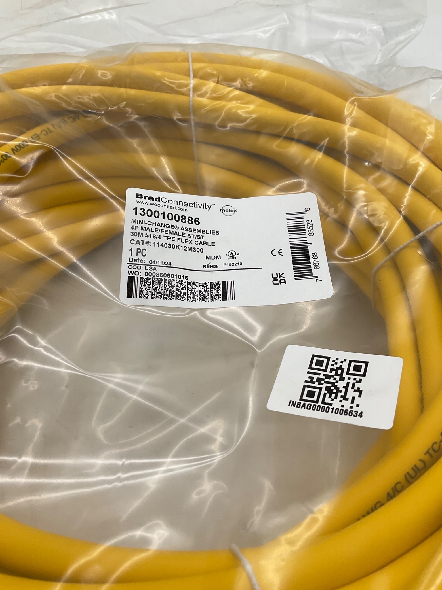Brad Connectivity 1300100886 Mini-Change 4-Pole Male/Female 30M Cordset NEW 1