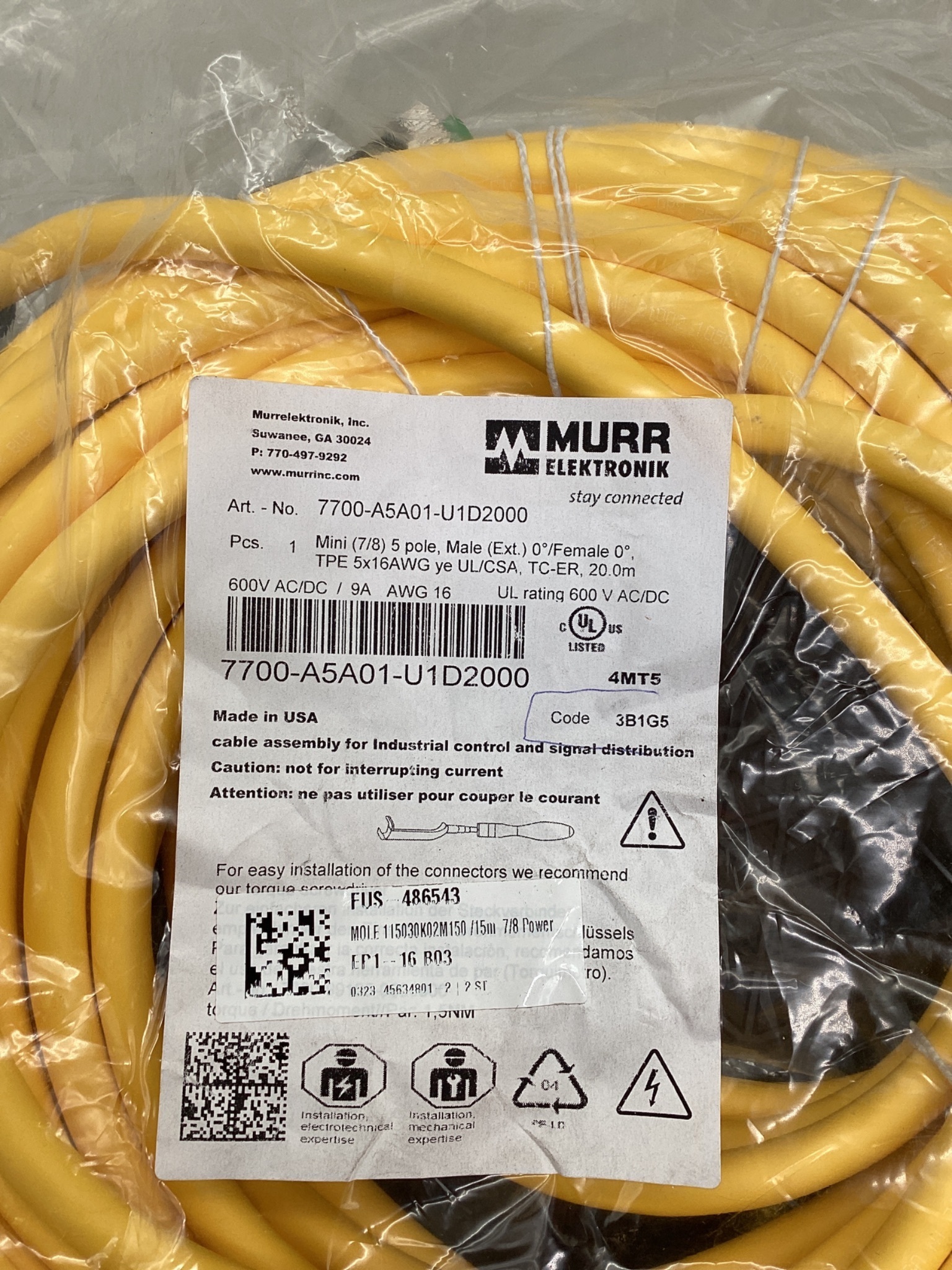 Murrelektronik 7700-A5A01-U1D2000 Mini 7/8" 5-Pole Male/Female 20M Cordset NEW 1